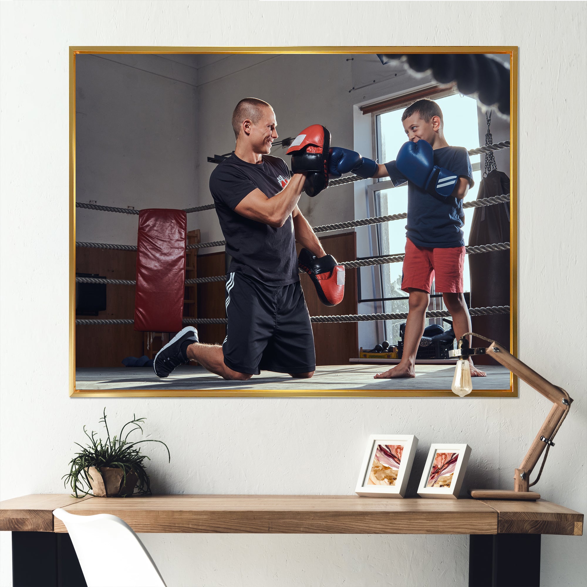 Young Trainer Training A Little Boy Boxer - Sport Boxer Canvas Wall Art