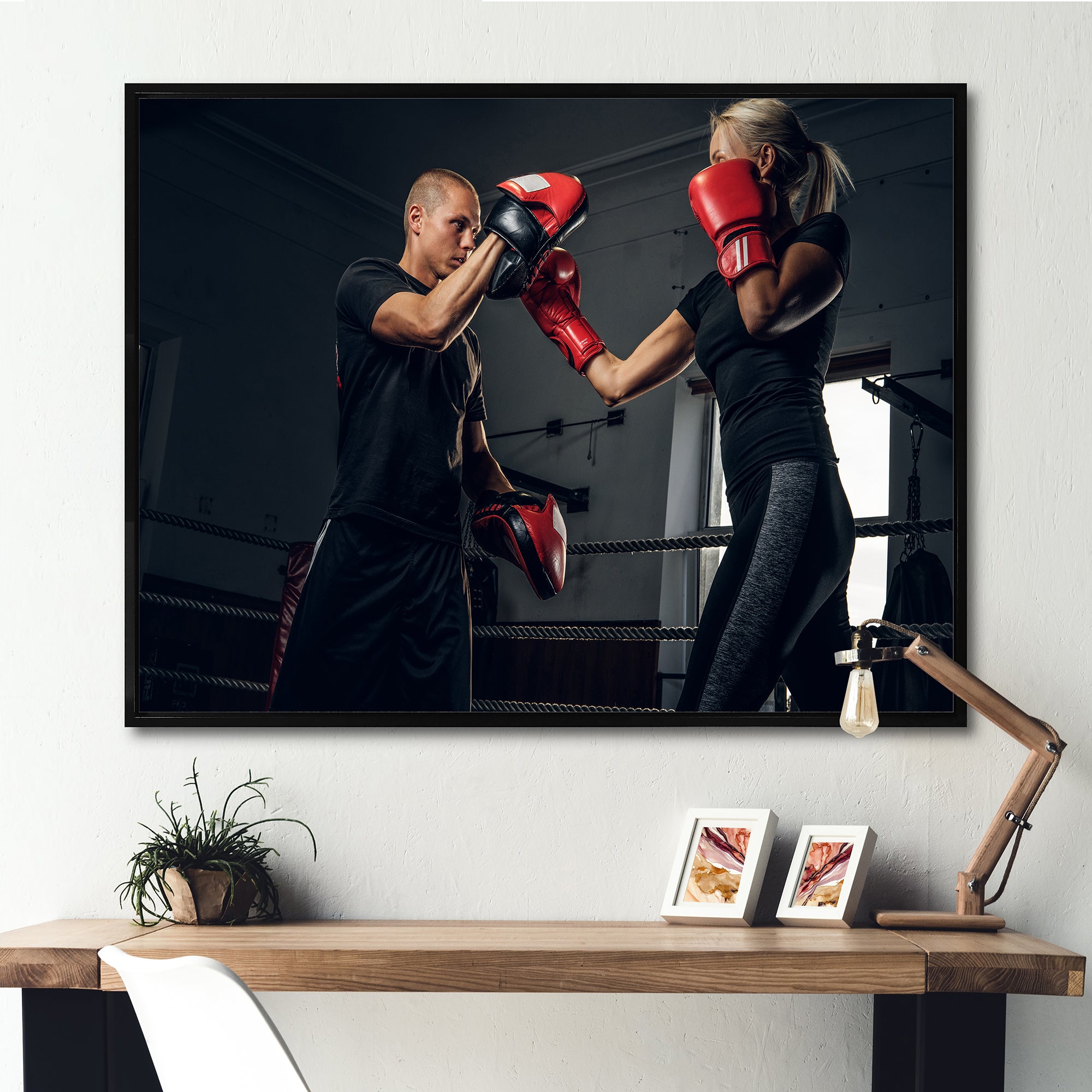 Sportive Blond Woman Has Boxing Training With Her Trainer - Sport Boxer Canvas Wall Art