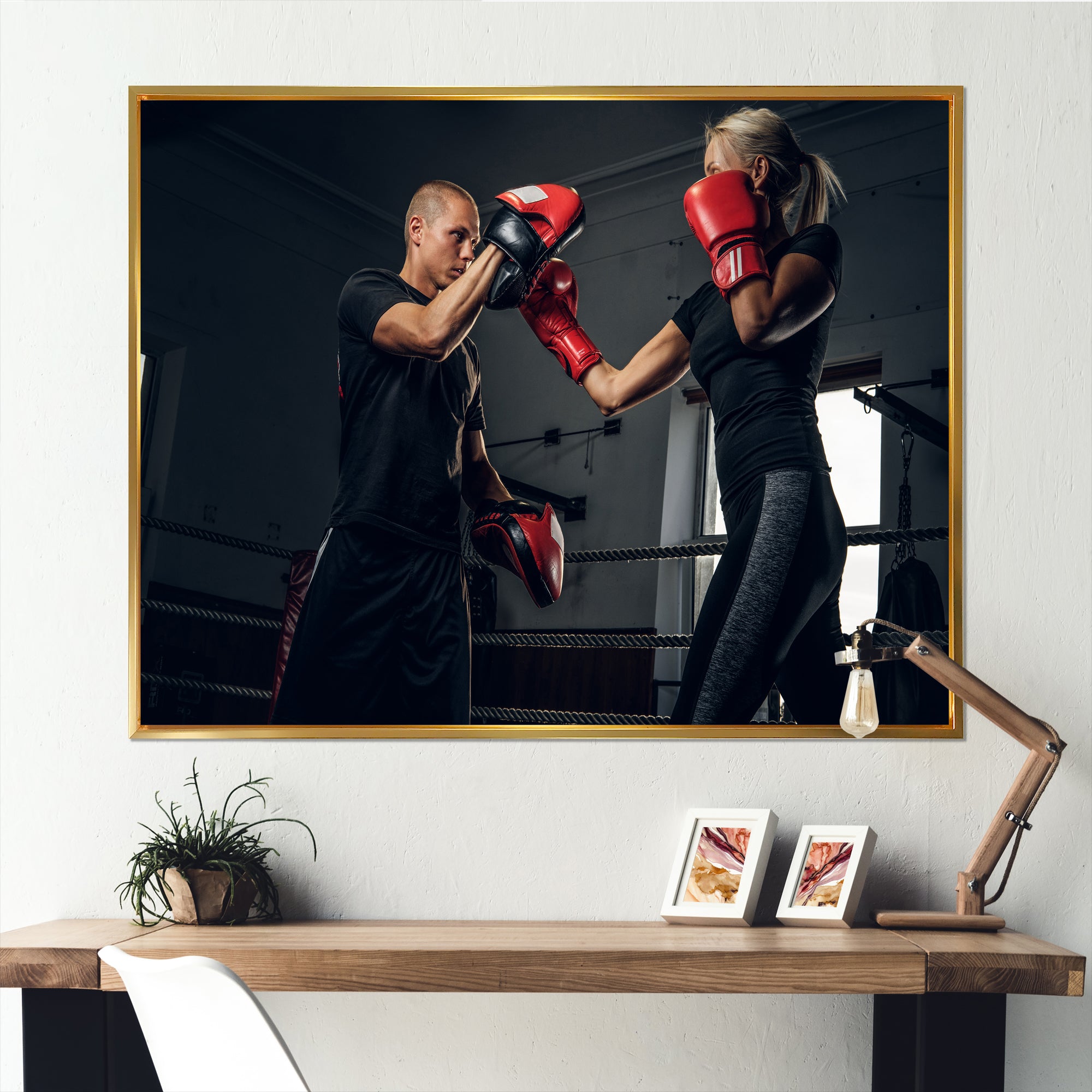 Sportive Blond Woman Has Boxing Training With Her Trainer - Sport Boxer Canvas Wall Art