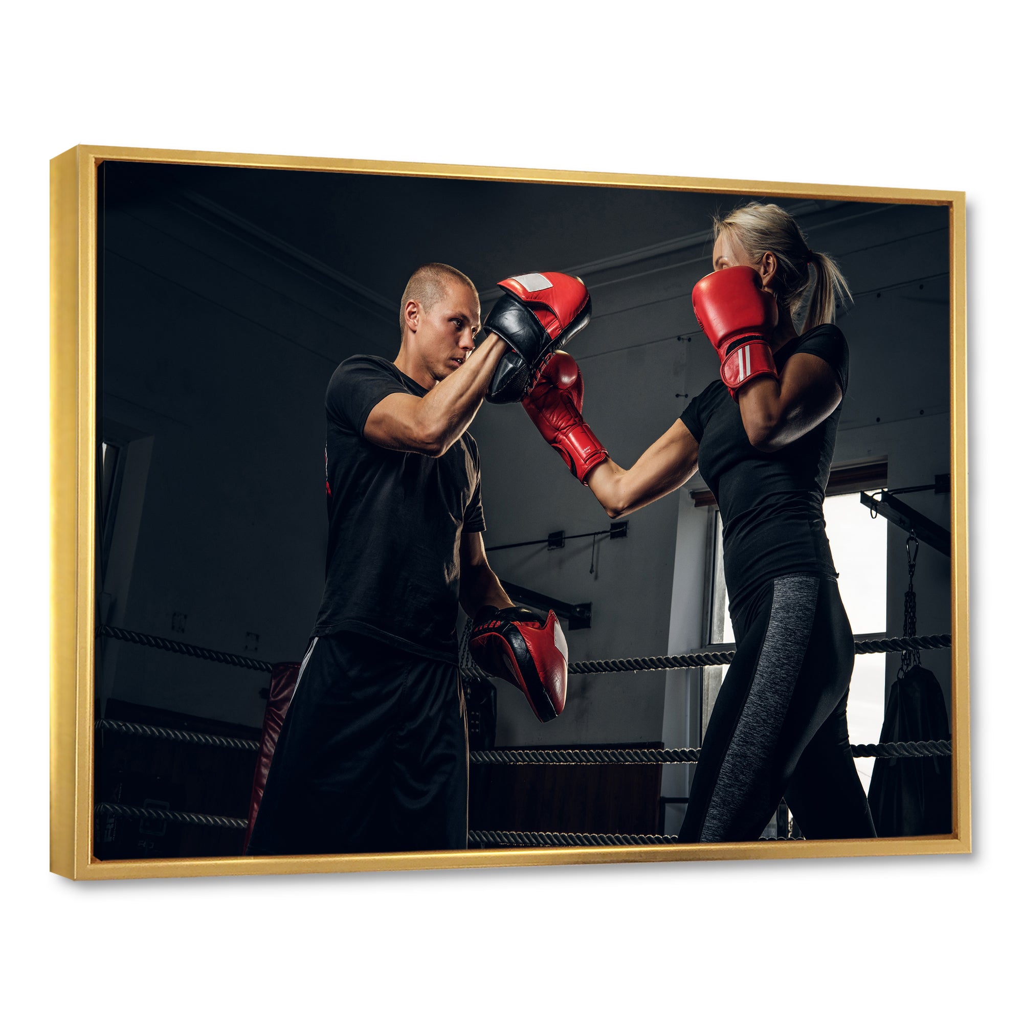 Sportive Blond Woman Has Boxing Training With Her Trainer - Sport Boxer Canvas Wall Art