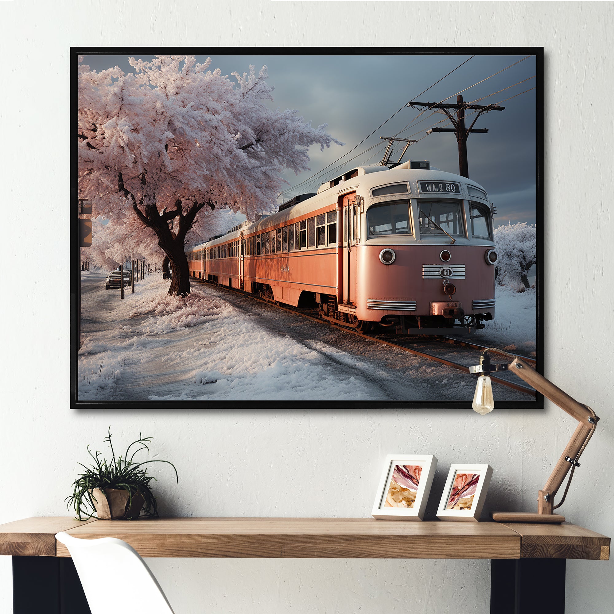 Orange Train Charm In Winter - Train Canvas Wall Art