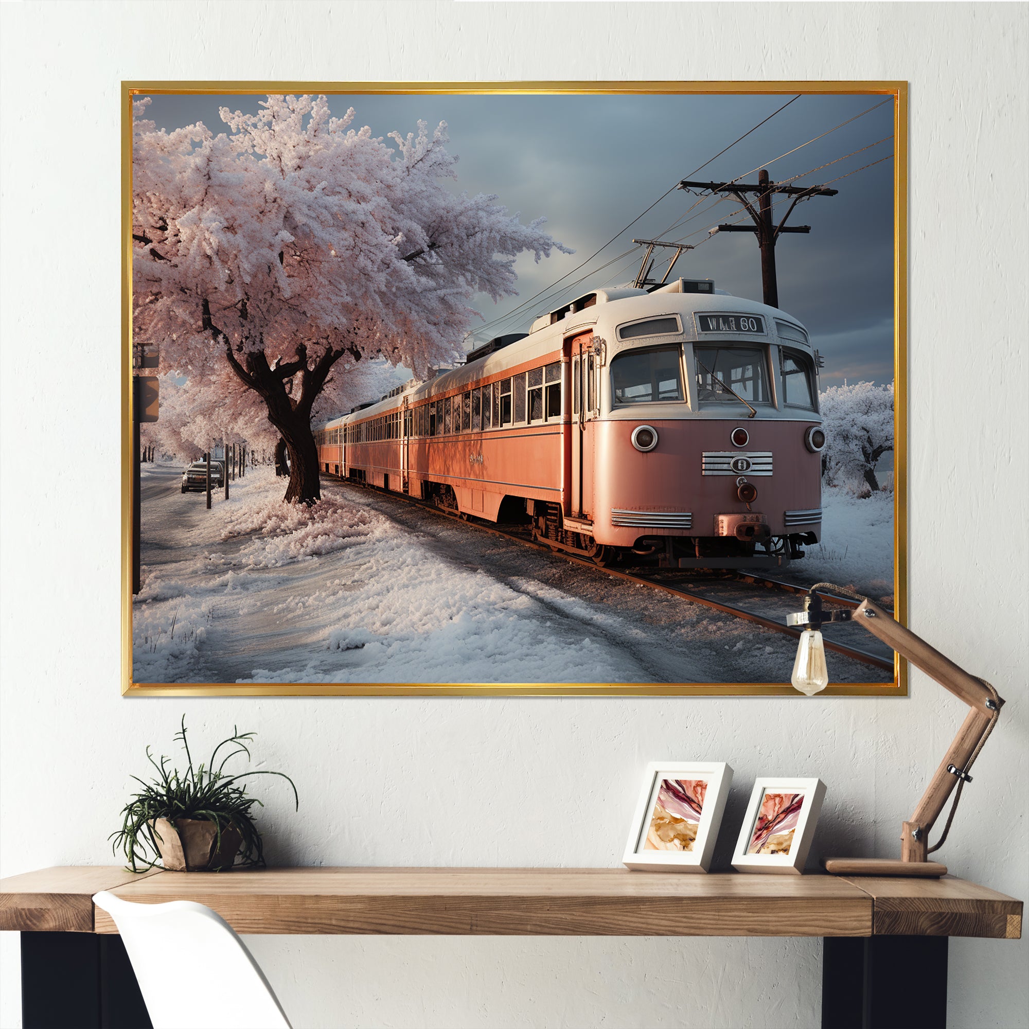 Orange Train Charm In Winter - Train Canvas Wall Art