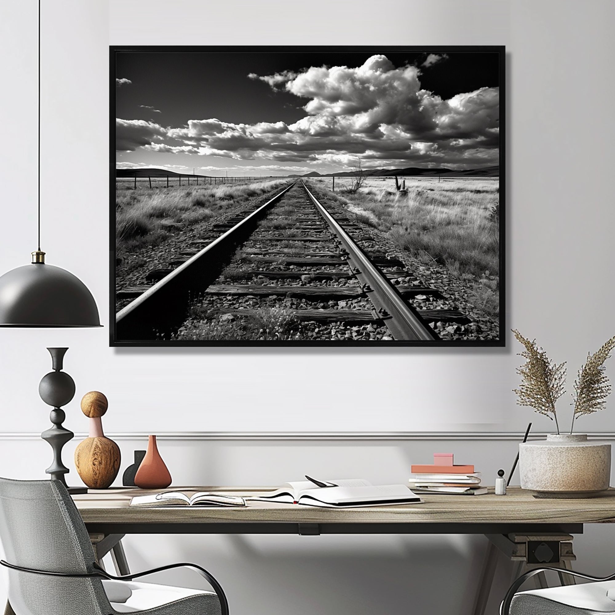 Black And White Train Tracks Photo - Train Canvas Wall Art