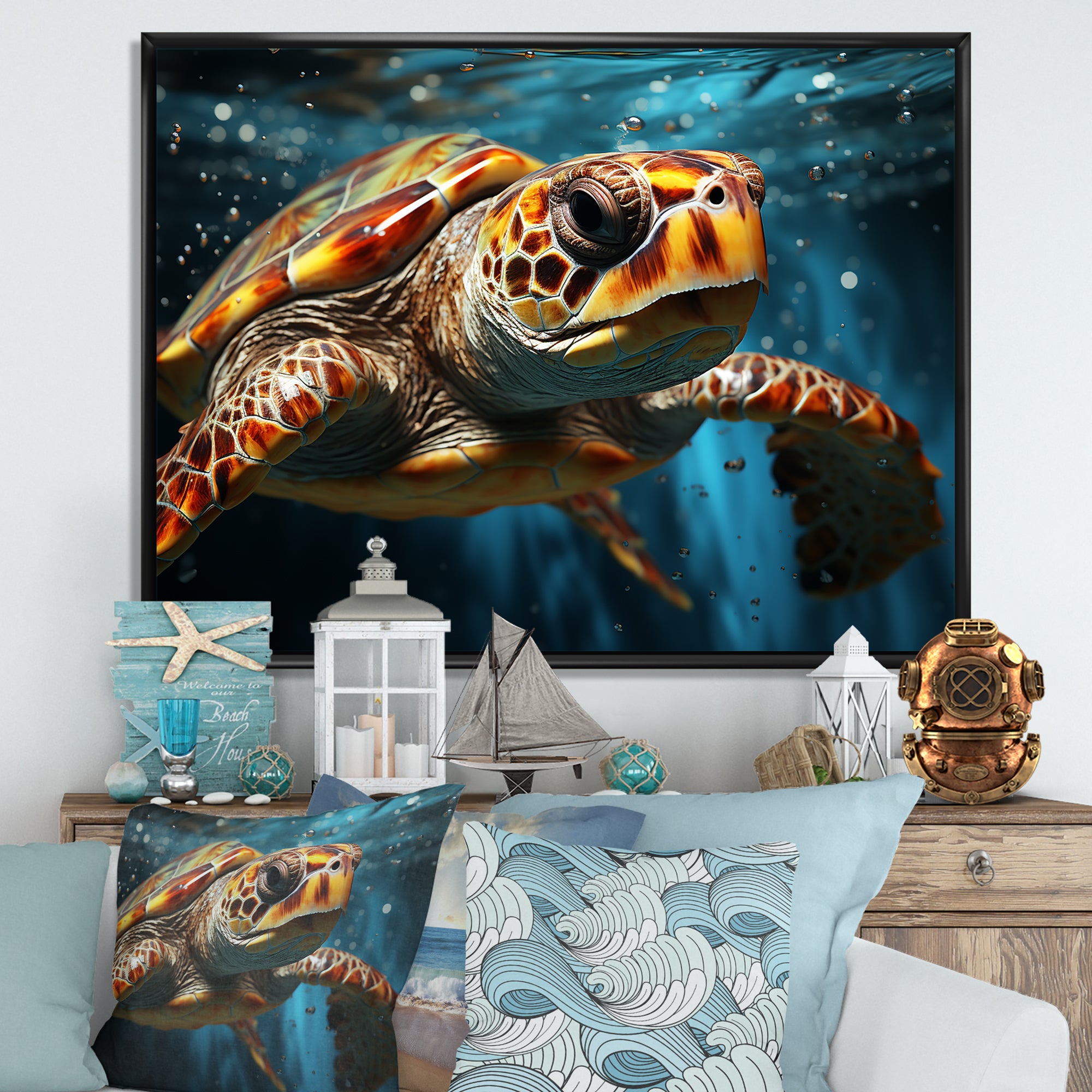 Abstract Representation Of A Turtles Swim - Blue Turtle Wall Art