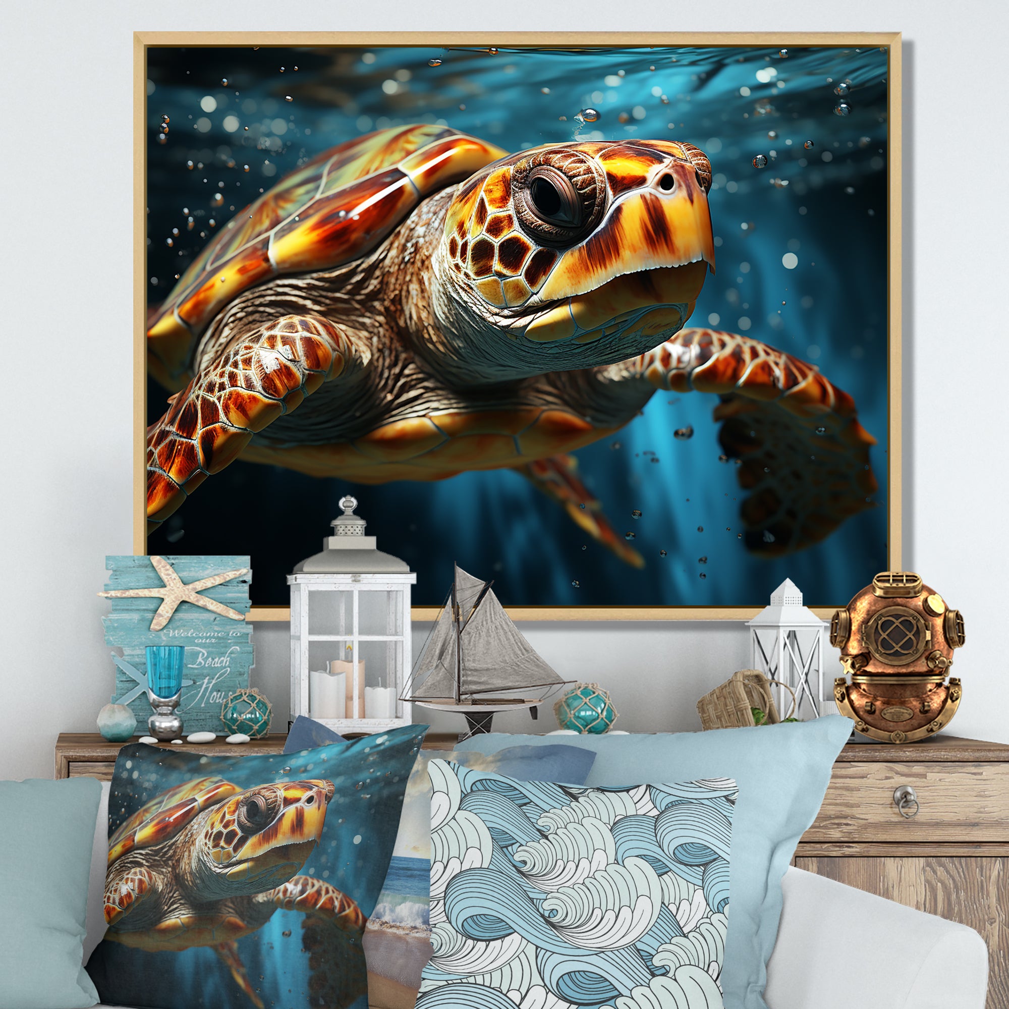 Abstract Representation Of A Turtles Swim - Blue Turtle Wall Art