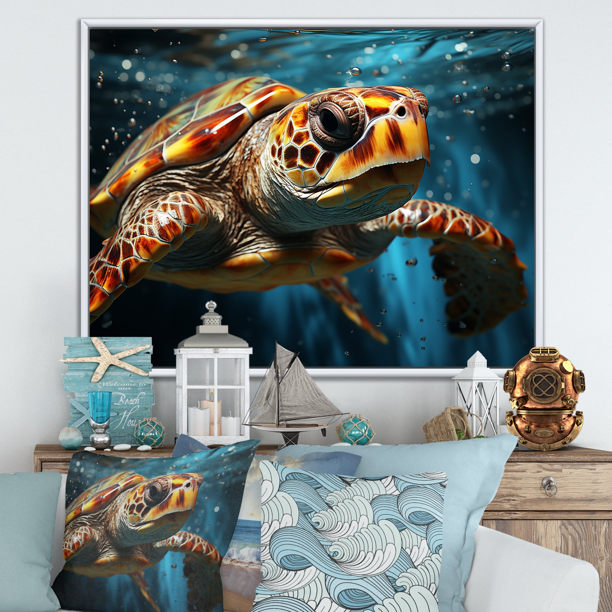 Abstract Representation Of A Turtles Swim - Blue Turtle Wall Art