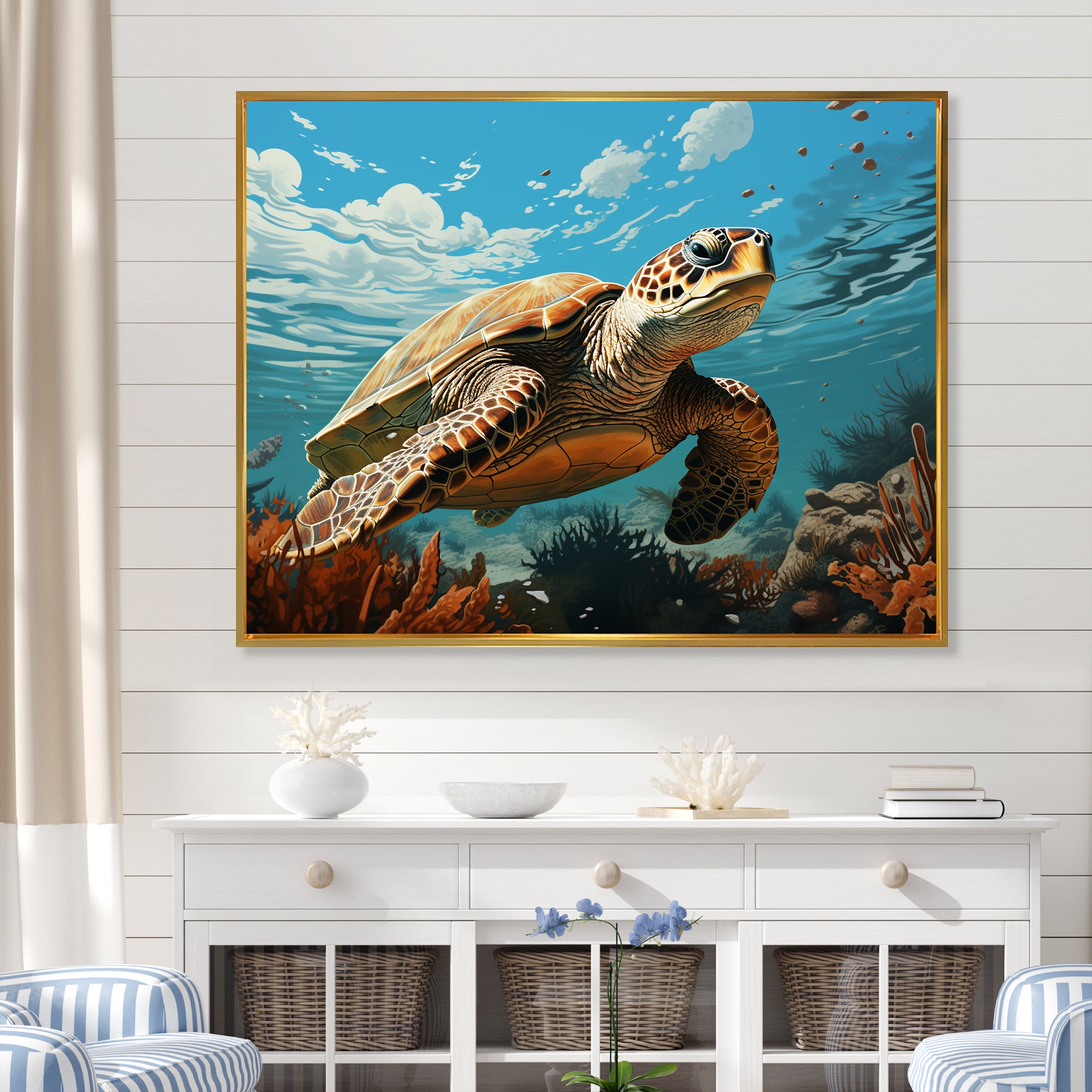 Classic Art Depiction Of A Turtles Coastal Life - Turtle Wall Decor