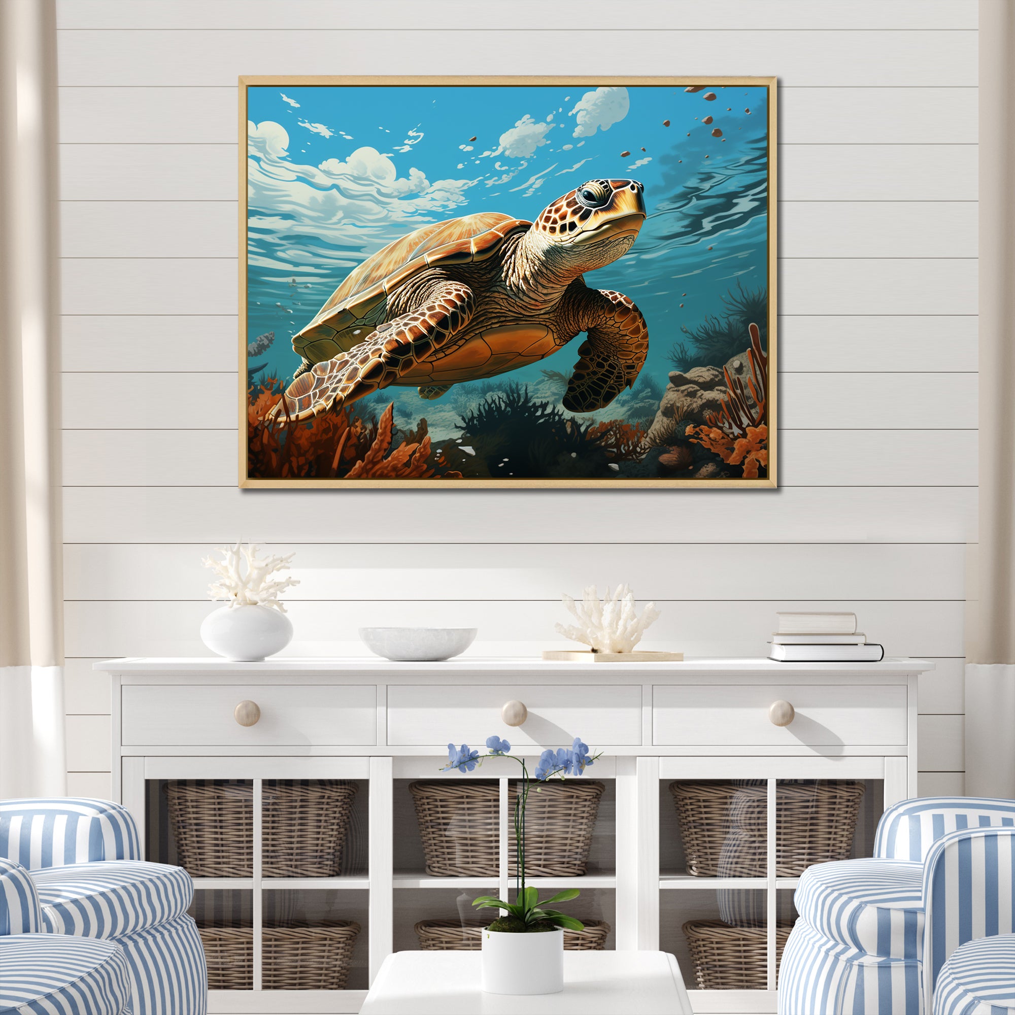 Classic Art Depiction Of A Turtles Coastal Life - Turtle Wall Decor