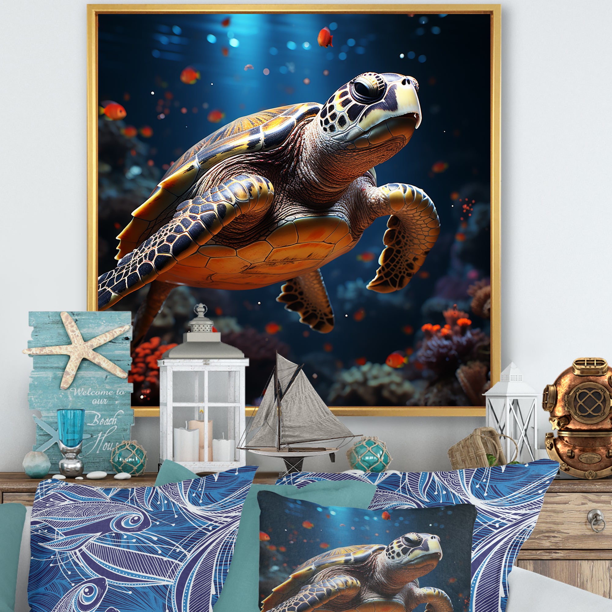 Cosmic Art Style Featuring A Turtle On A Cosmic - Turtle Large Canvas Wall Art