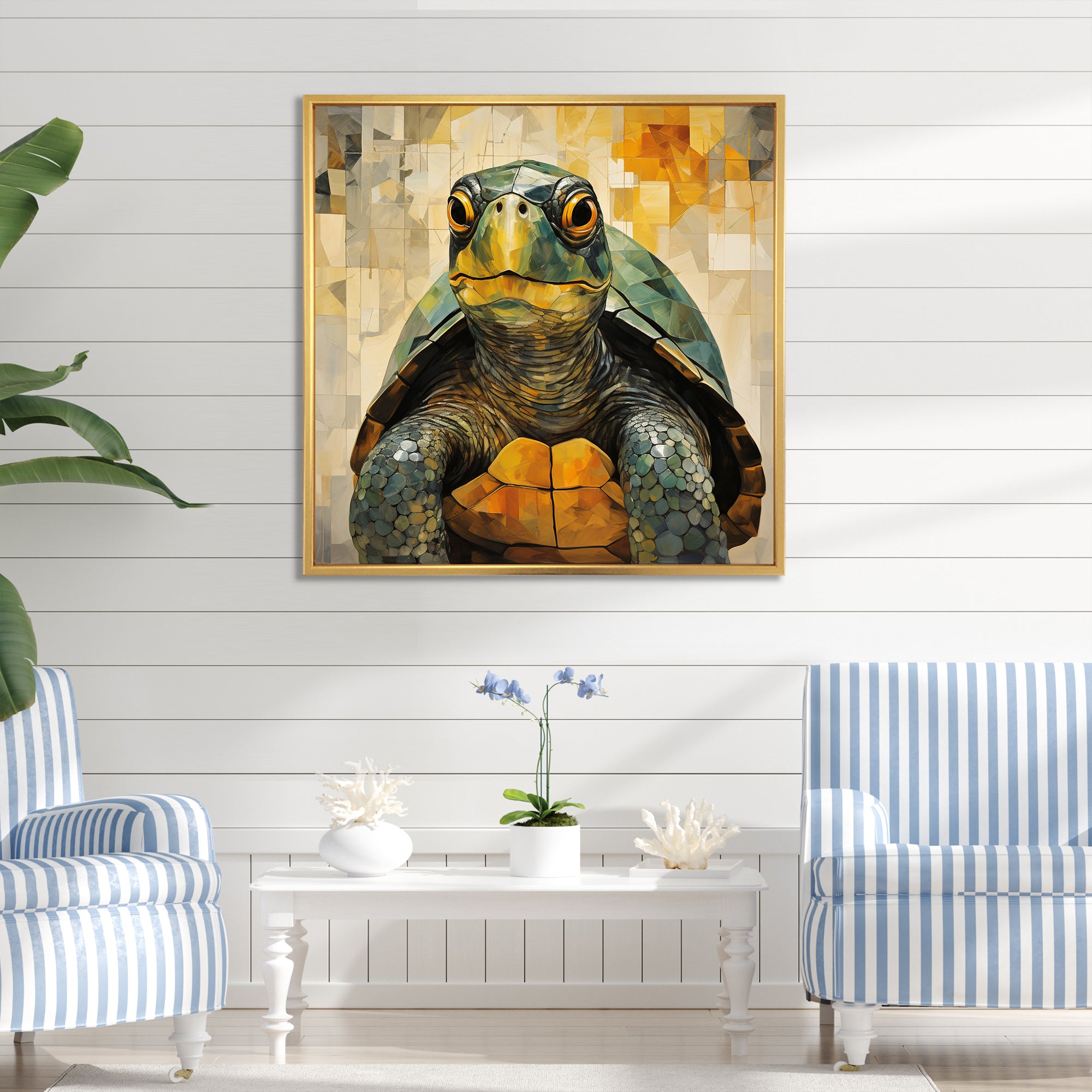 Cubist Abstraction Of A Turtle Using Olive Green - Turtle Canvas Wall Art