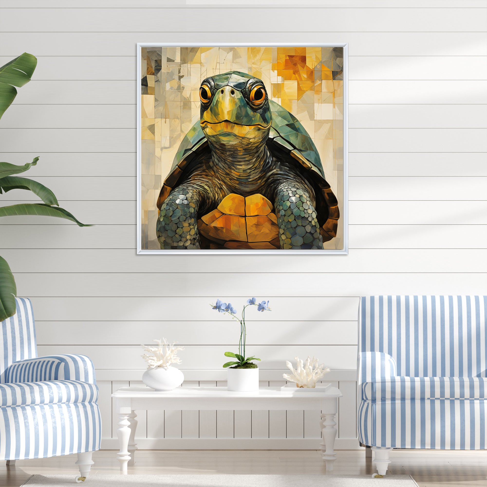 Cubist Abstraction Of A Turtle Using Olive Green - Turtle Canvas Wall Art