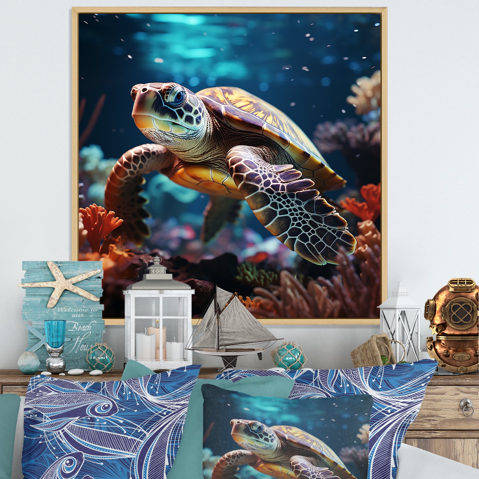 Tranquility Of A Turtle In A Dream - Turtle Framed Canvas Art