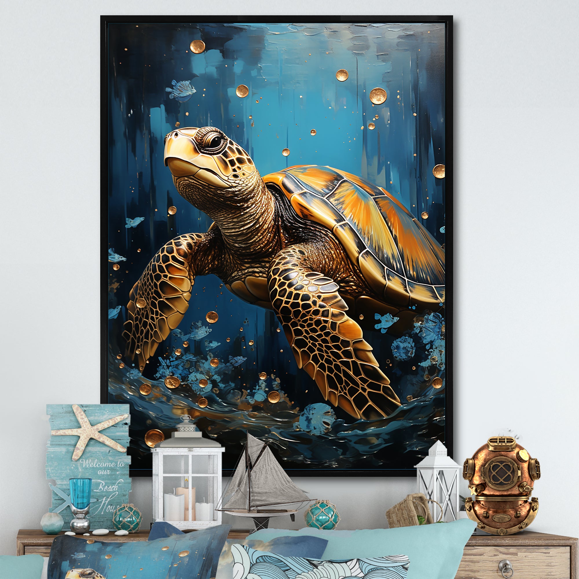 Underwater Golden Shell - Turtle Home Decor Art