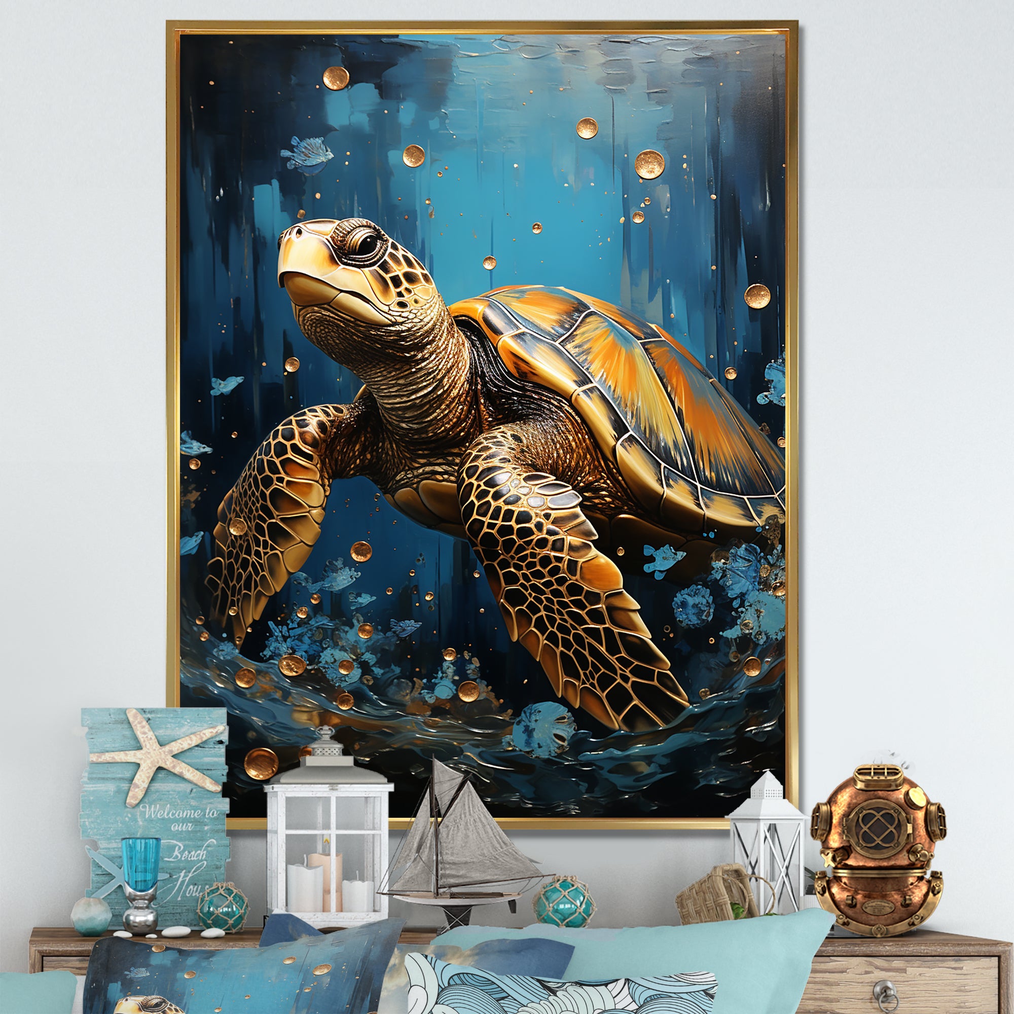Underwater Golden Shell - Turtle Home Decor Art