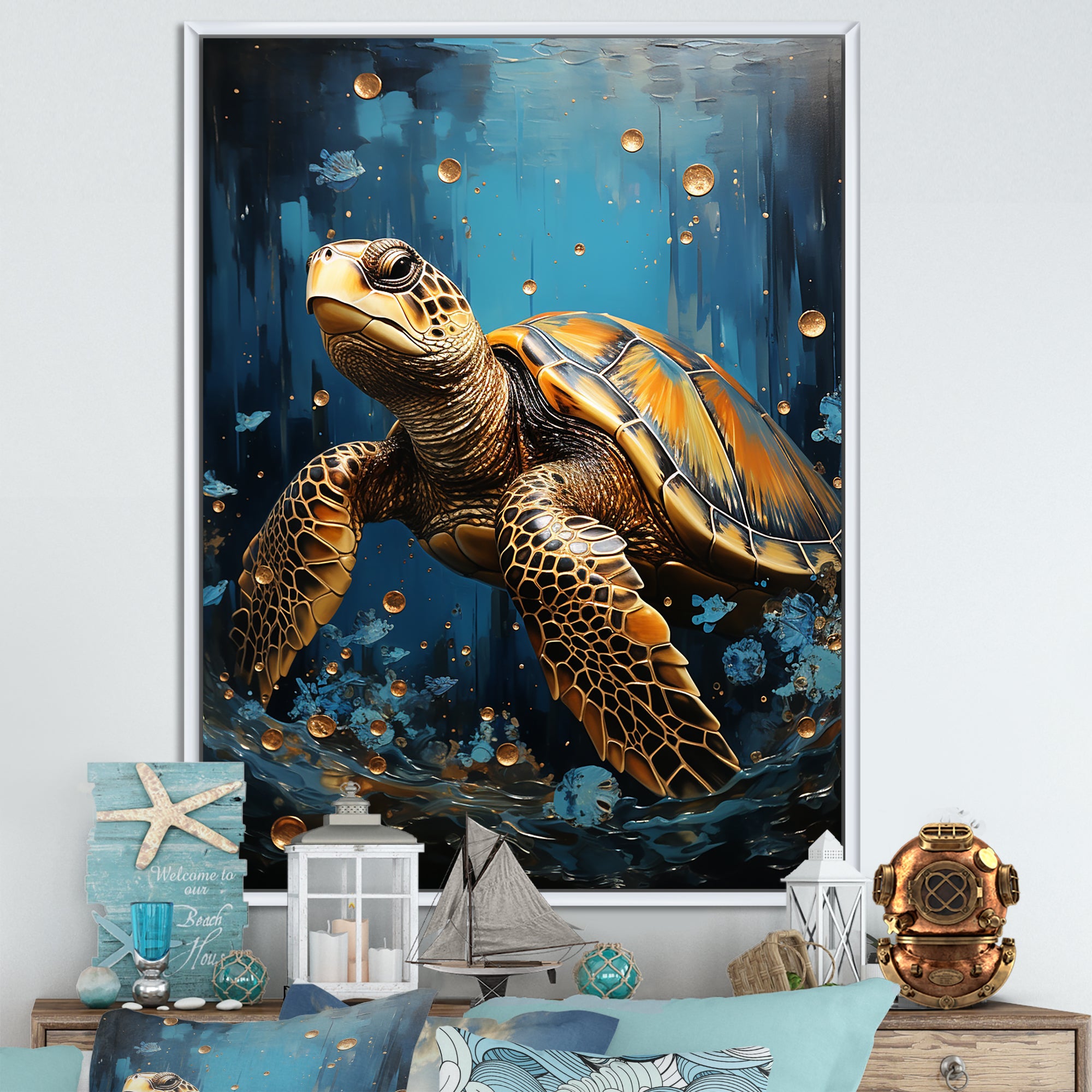 Underwater Golden Shell - Turtle Home Decor Art