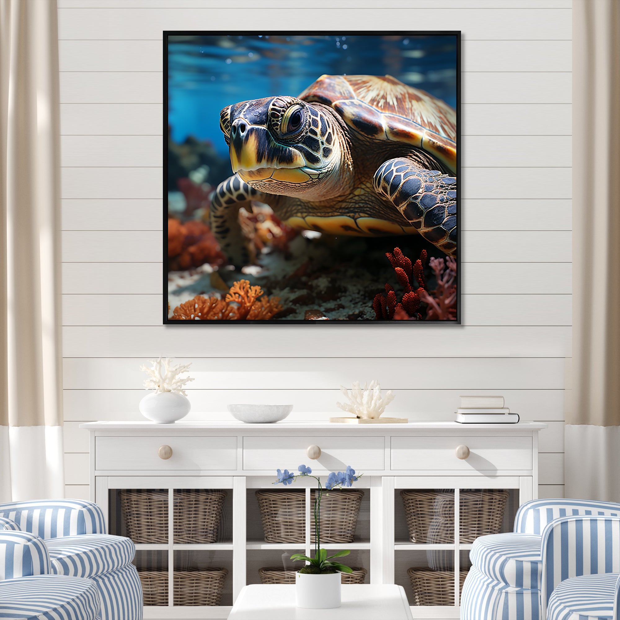 Curious Underwater Sea Turtle - Gray Turtle Wall Art
