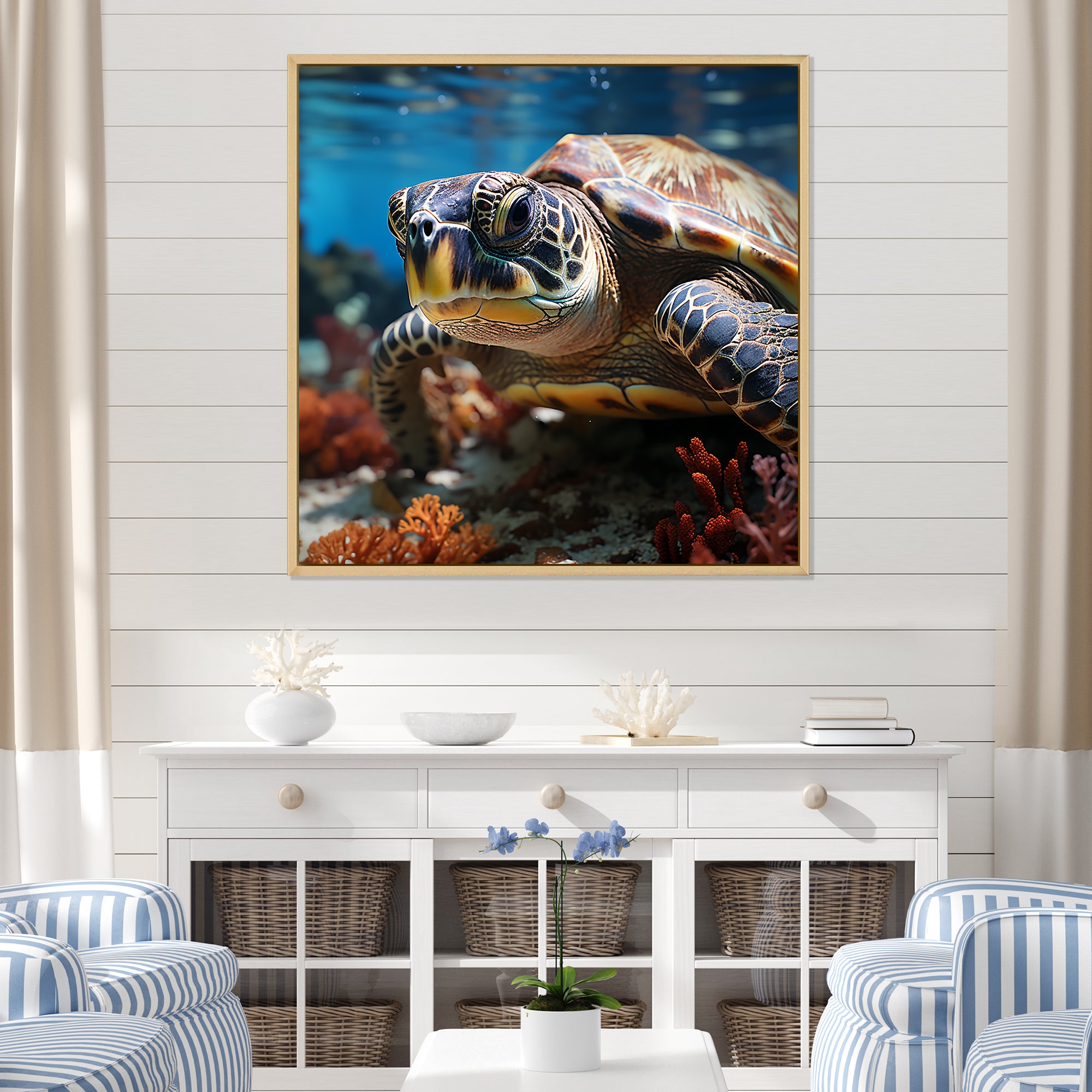 Curious Underwater Sea Turtle - Gray Turtle Wall Art