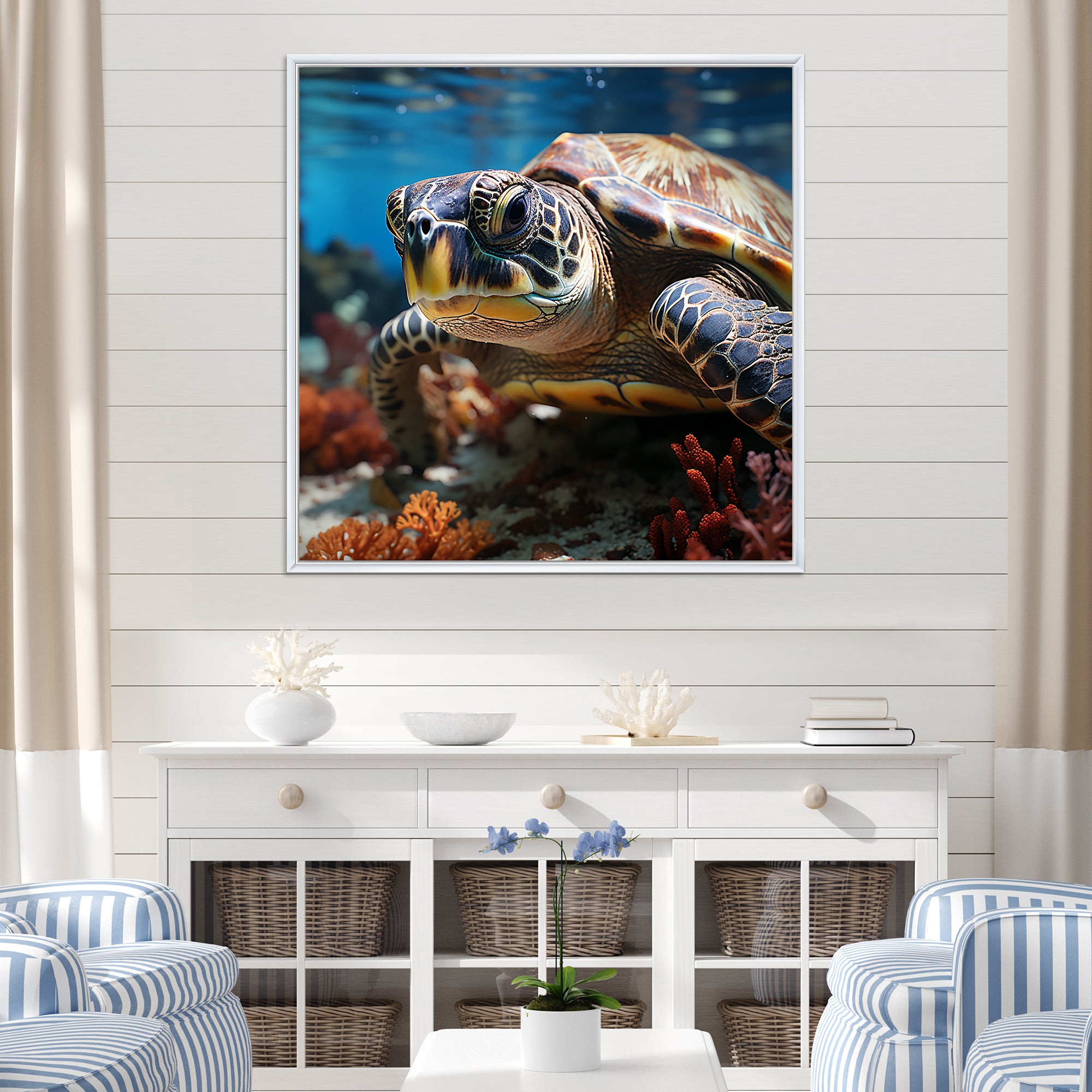 Curious Underwater Sea Turtle - Gray Turtle Wall Art