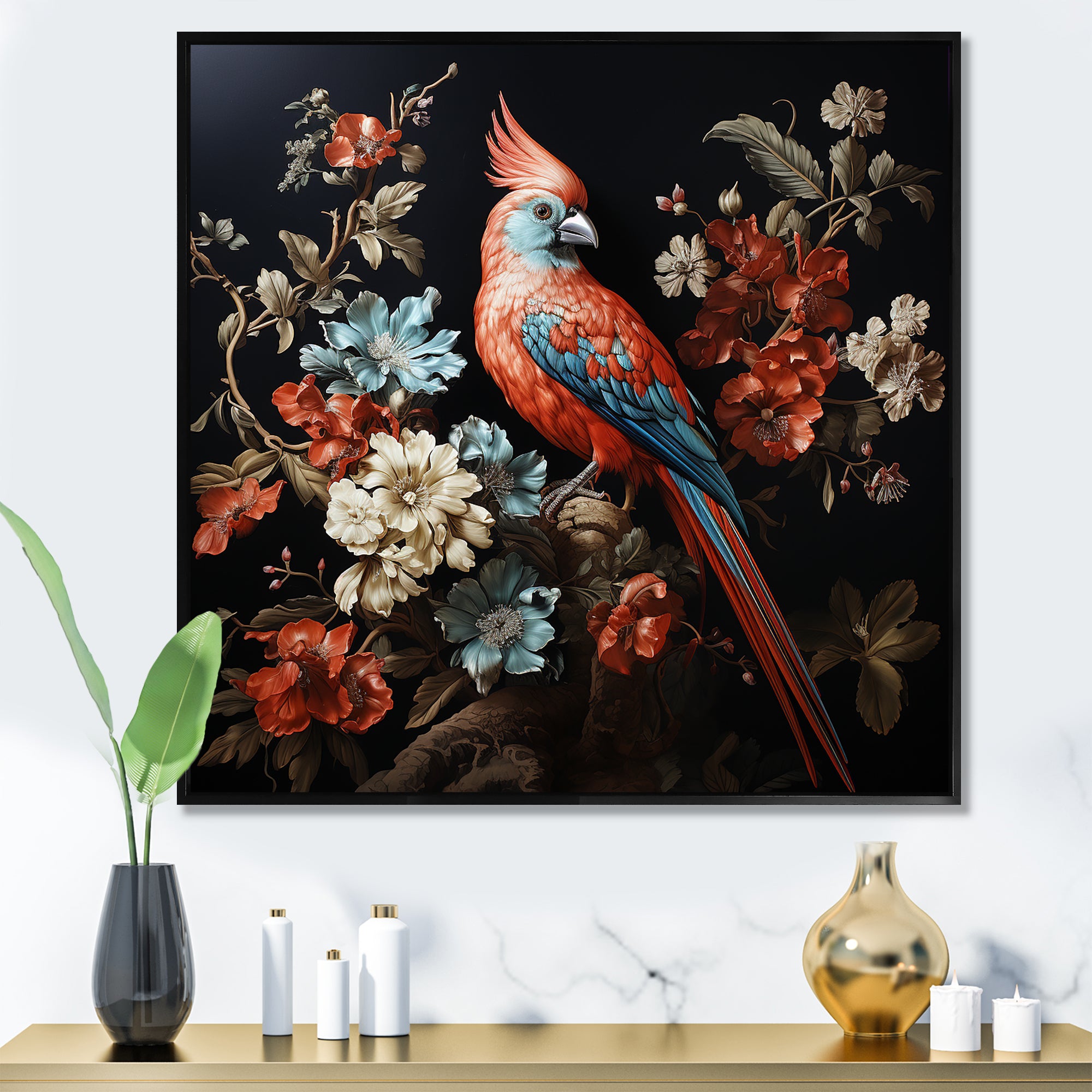 Red bird Serenity blooms - Nursery Teddy Bear Canvas Wall Art