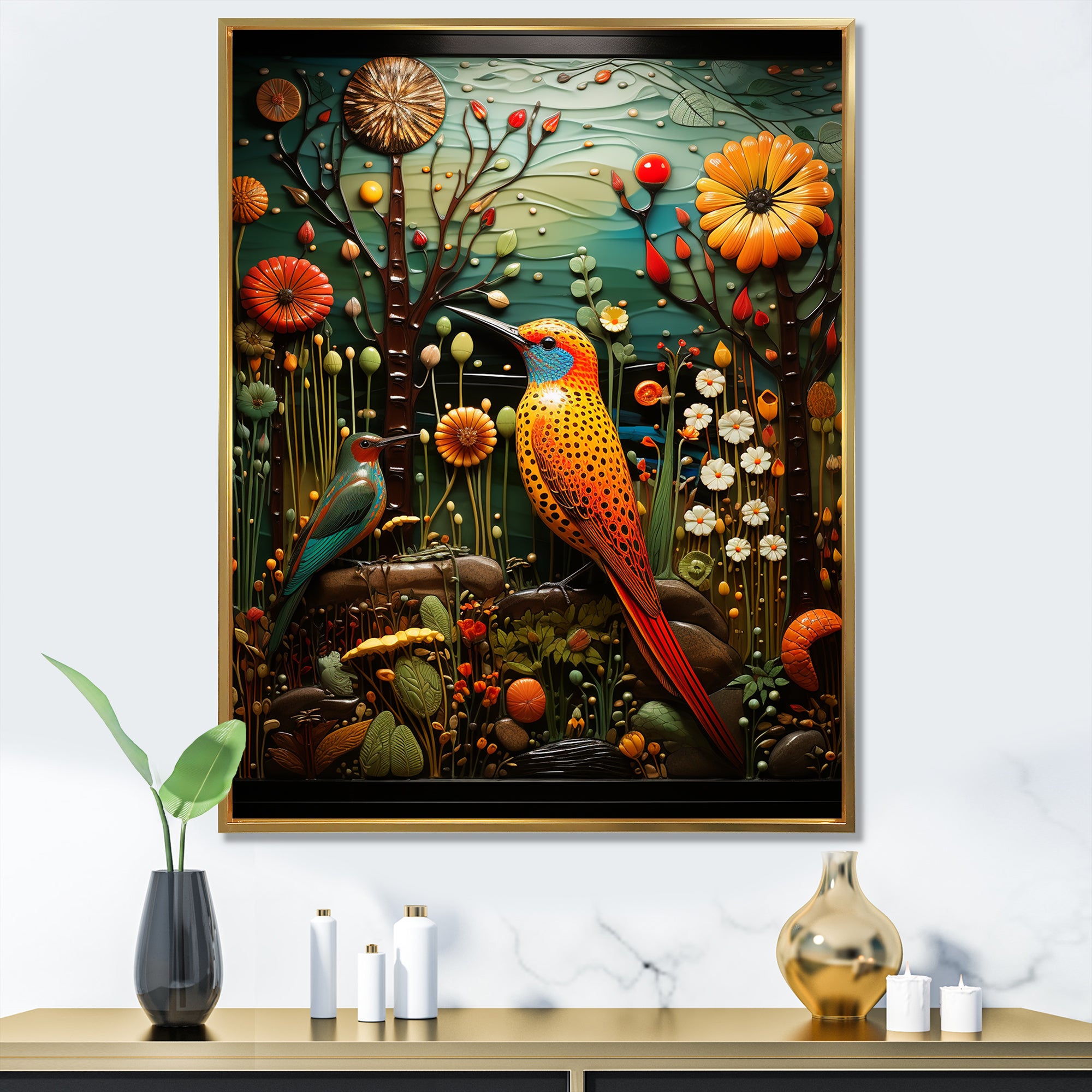 Abstract woodpecker bird flower at night - Bird Wall Decor
