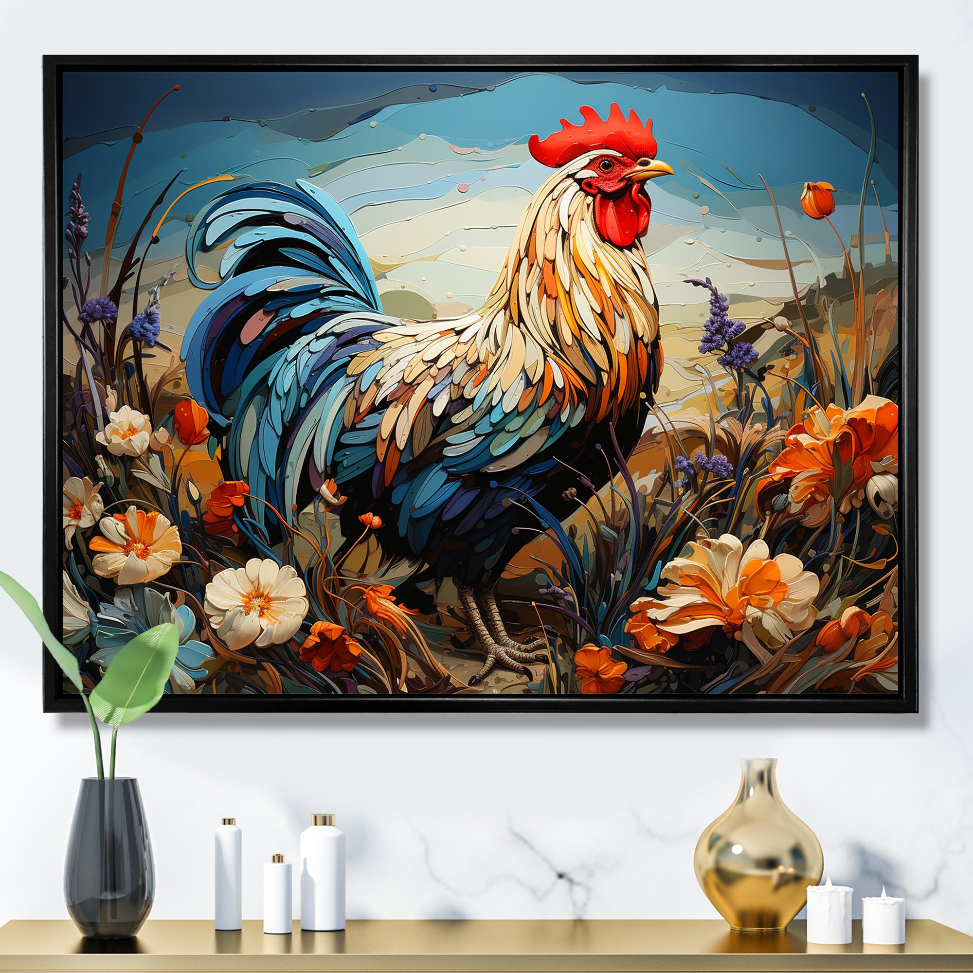Rooster floral farm meadow - Rooster Wall Decor