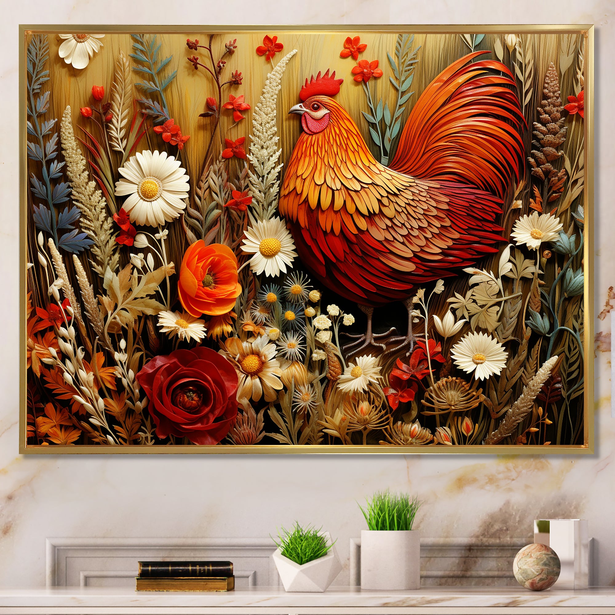 Country Quill floral Rooster - Red Chicken Wall Art