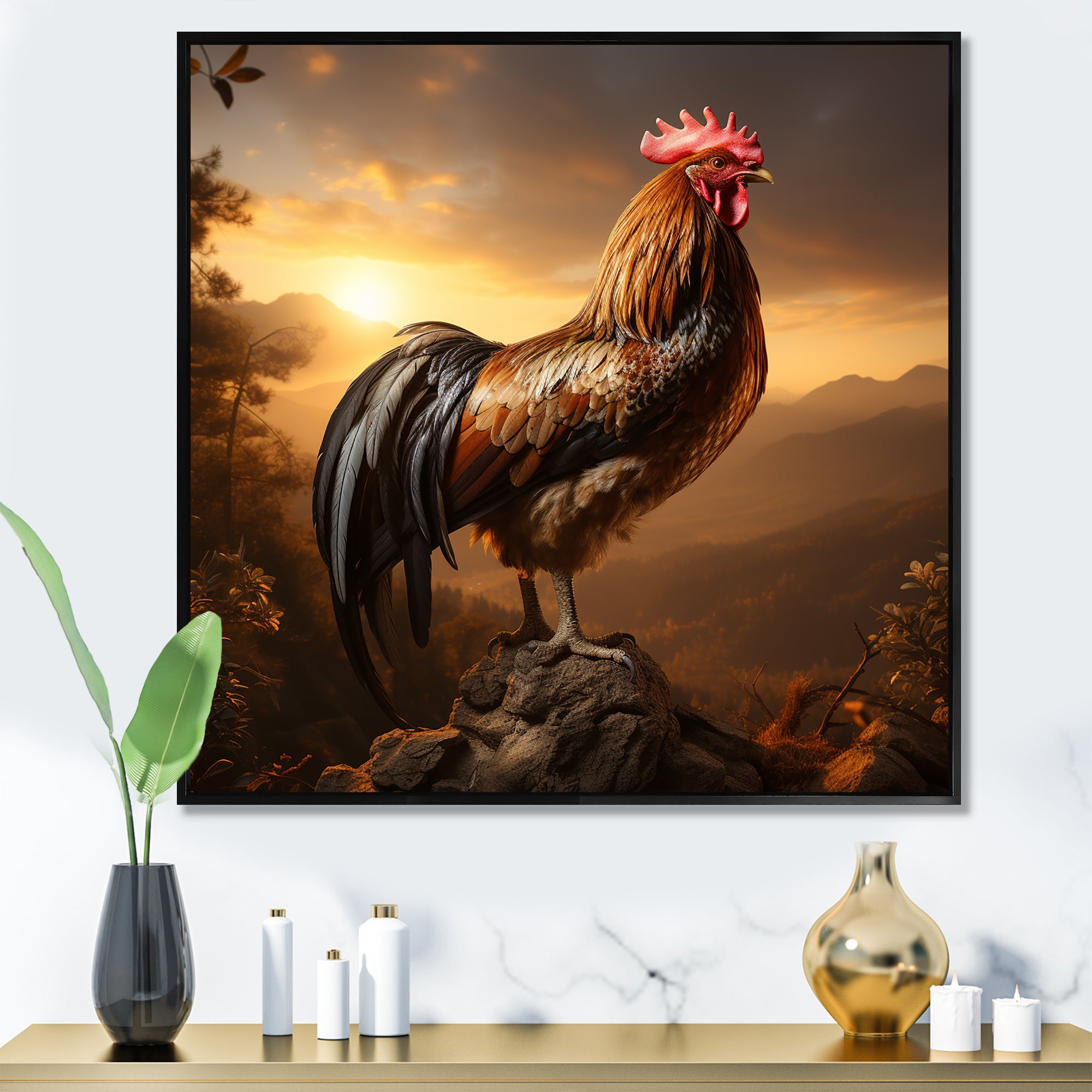 Chicken Rooster of the Dusk - Chicken Large Canvas Wall Art