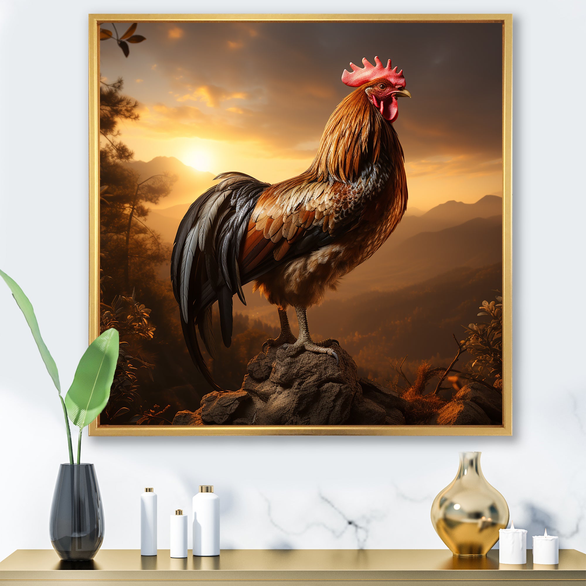 Chicken Rooster of the Dusk - Chicken Large Canvas Wall Art