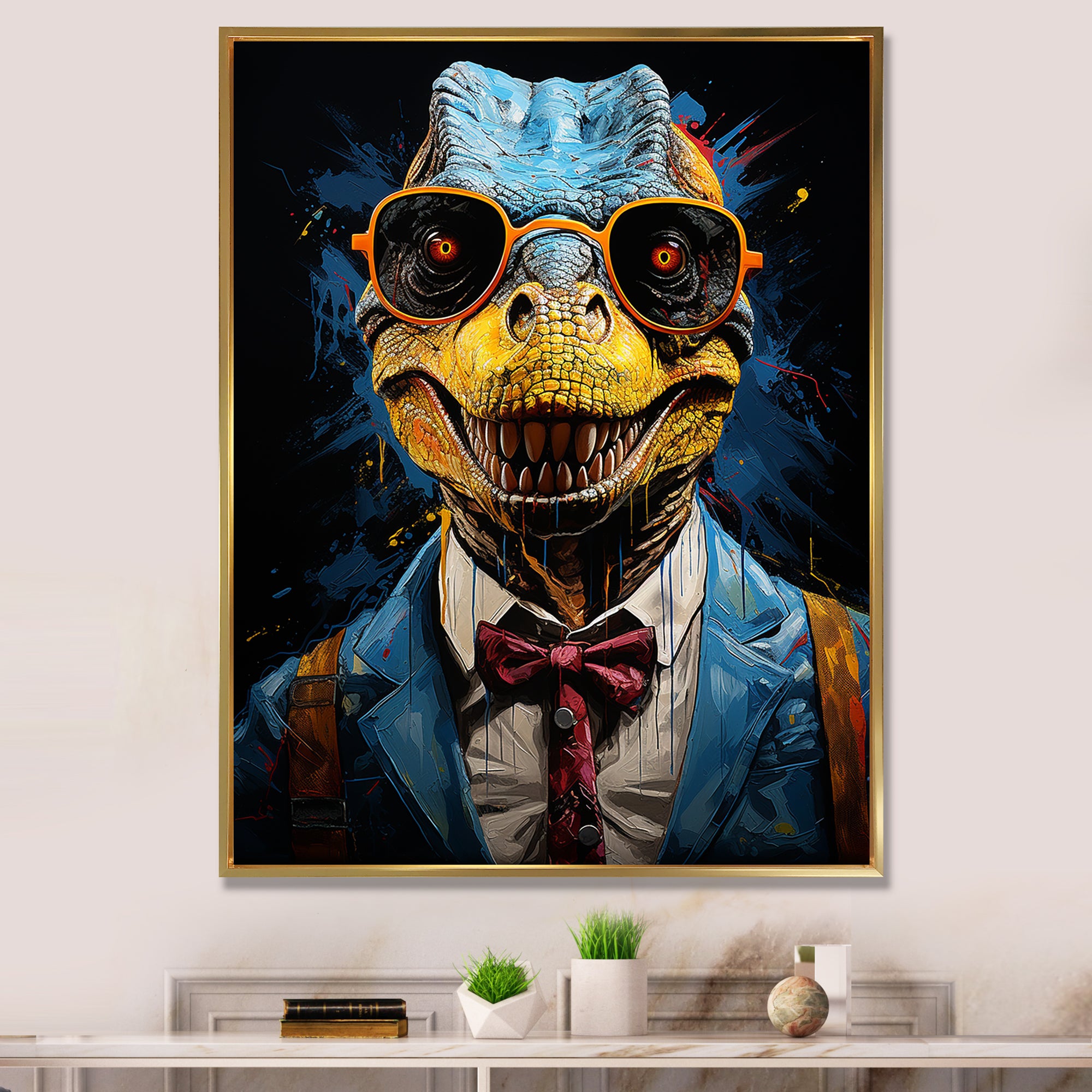 Classical Dino Grace in suit - Dinosaur Large Canvas Wall Art