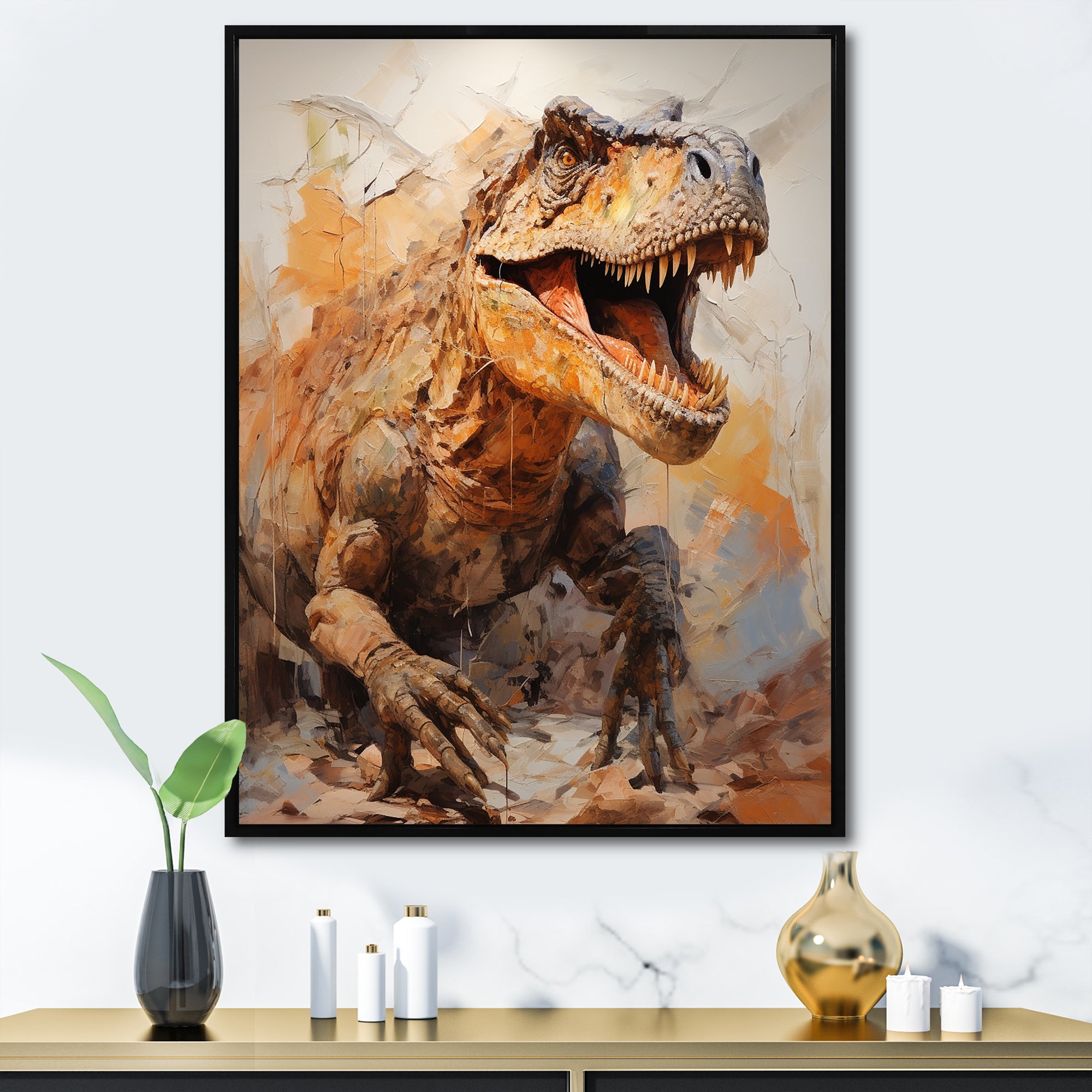 Brown and grey Raptor dino - Brown Dinosaur Wall Art
