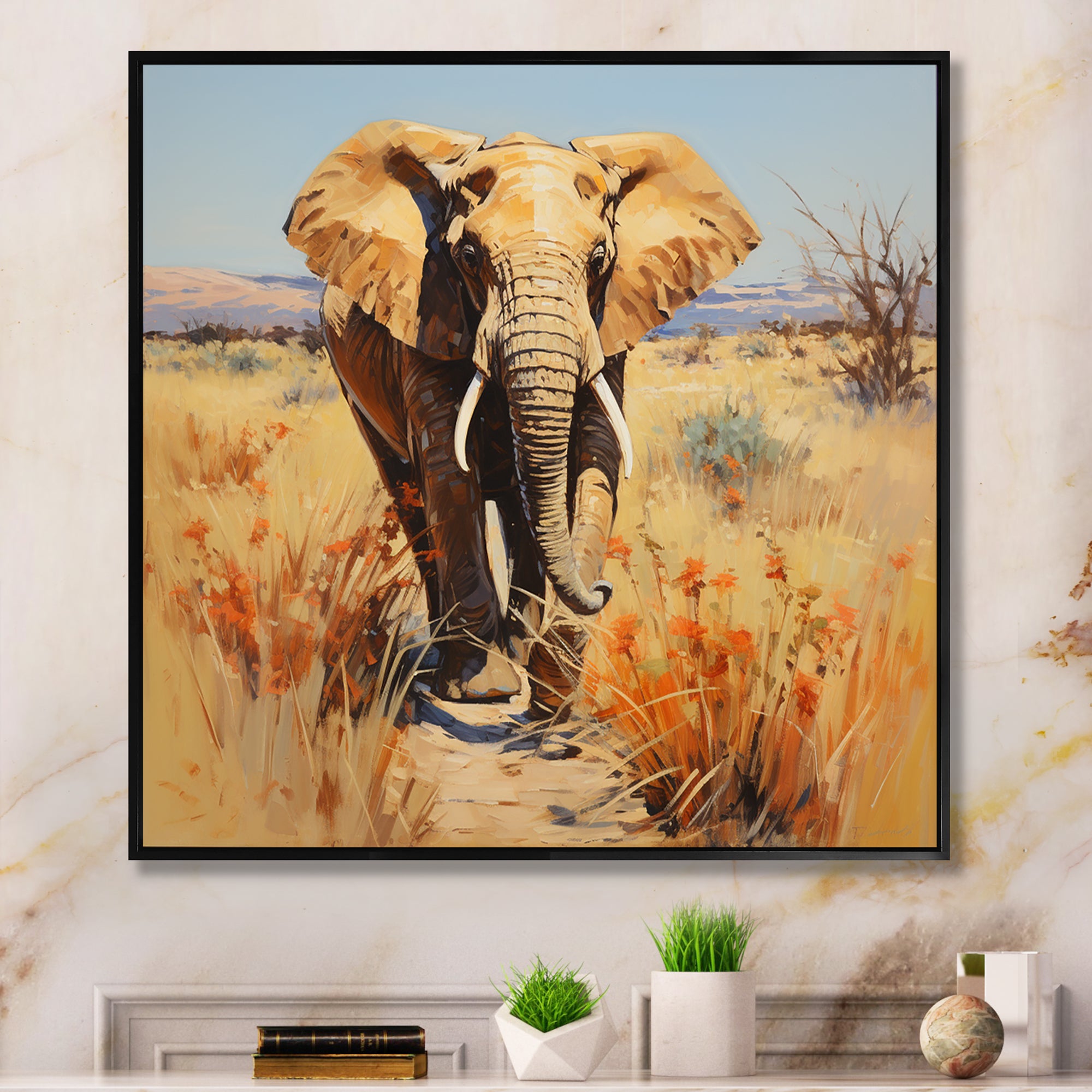 Grey Elephant in African horizon - Elephant Framed Canvas Art