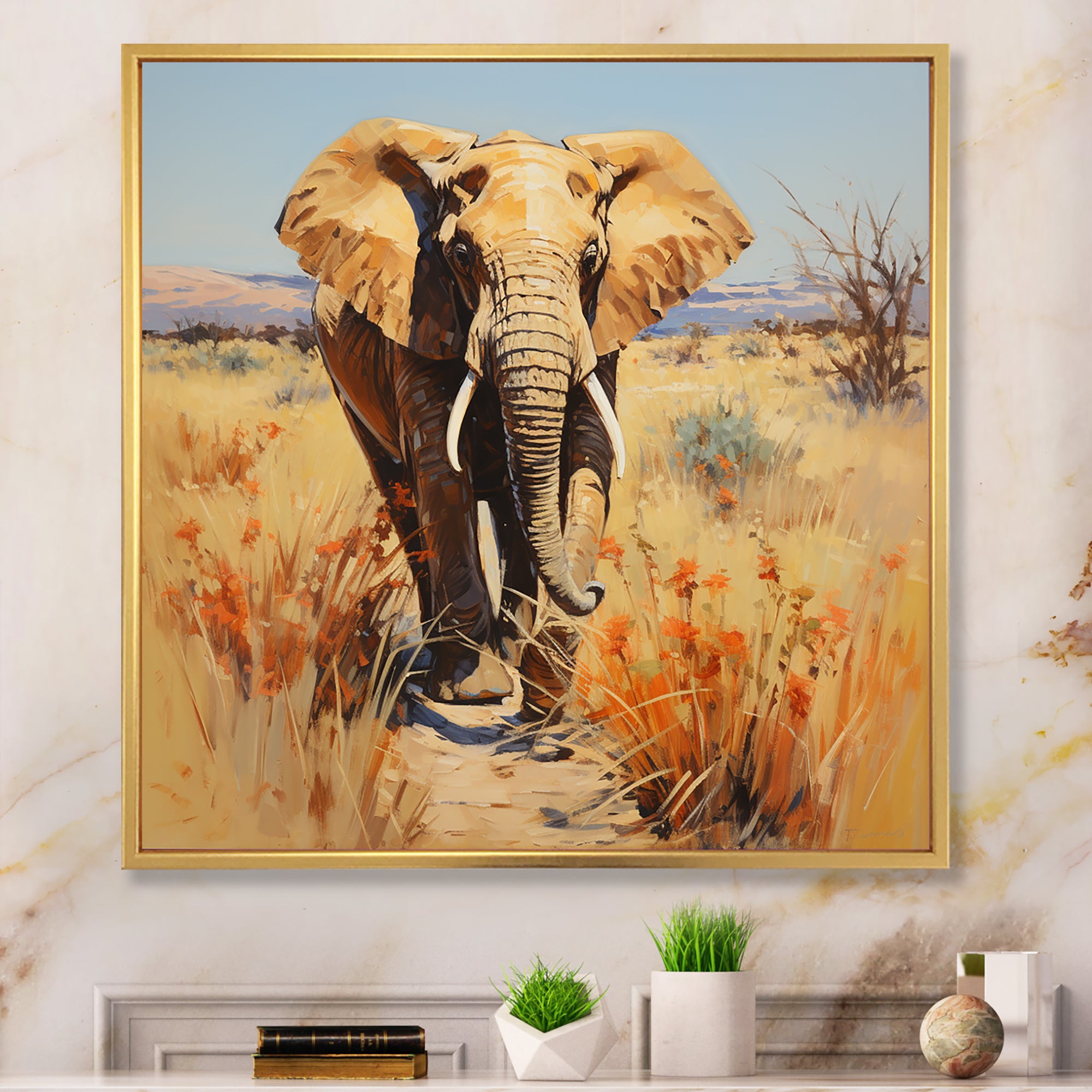 Grey Elephant in African horizon - Elephant Framed Canvas Art
