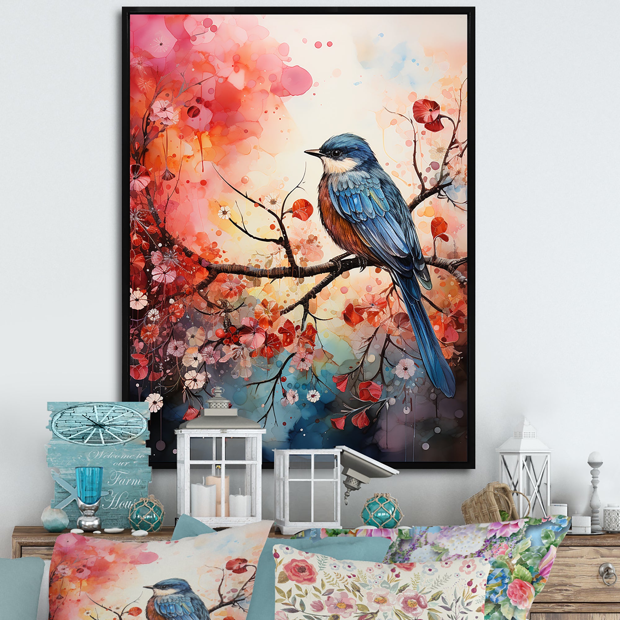Pink Enchanted floral Botanicals with Eastern blue bird - Bird Floral Home Decor Art