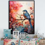 Pink Enchanted floral Botanicals with Eastern blue bird - Bird Floral Home Decor Art