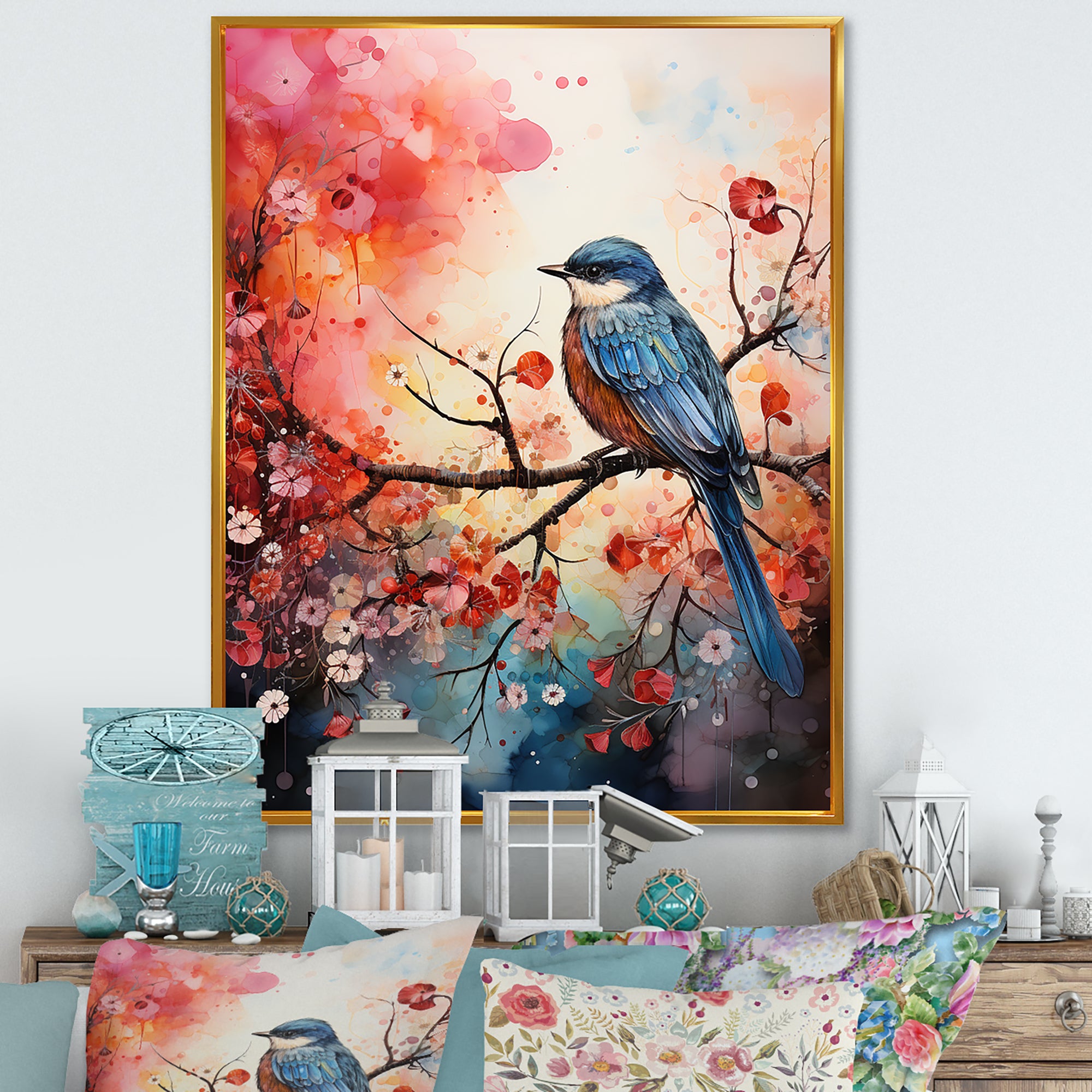 Pink Enchanted floral Botanicals with Eastern blue bird - Bird Floral Home Decor Art