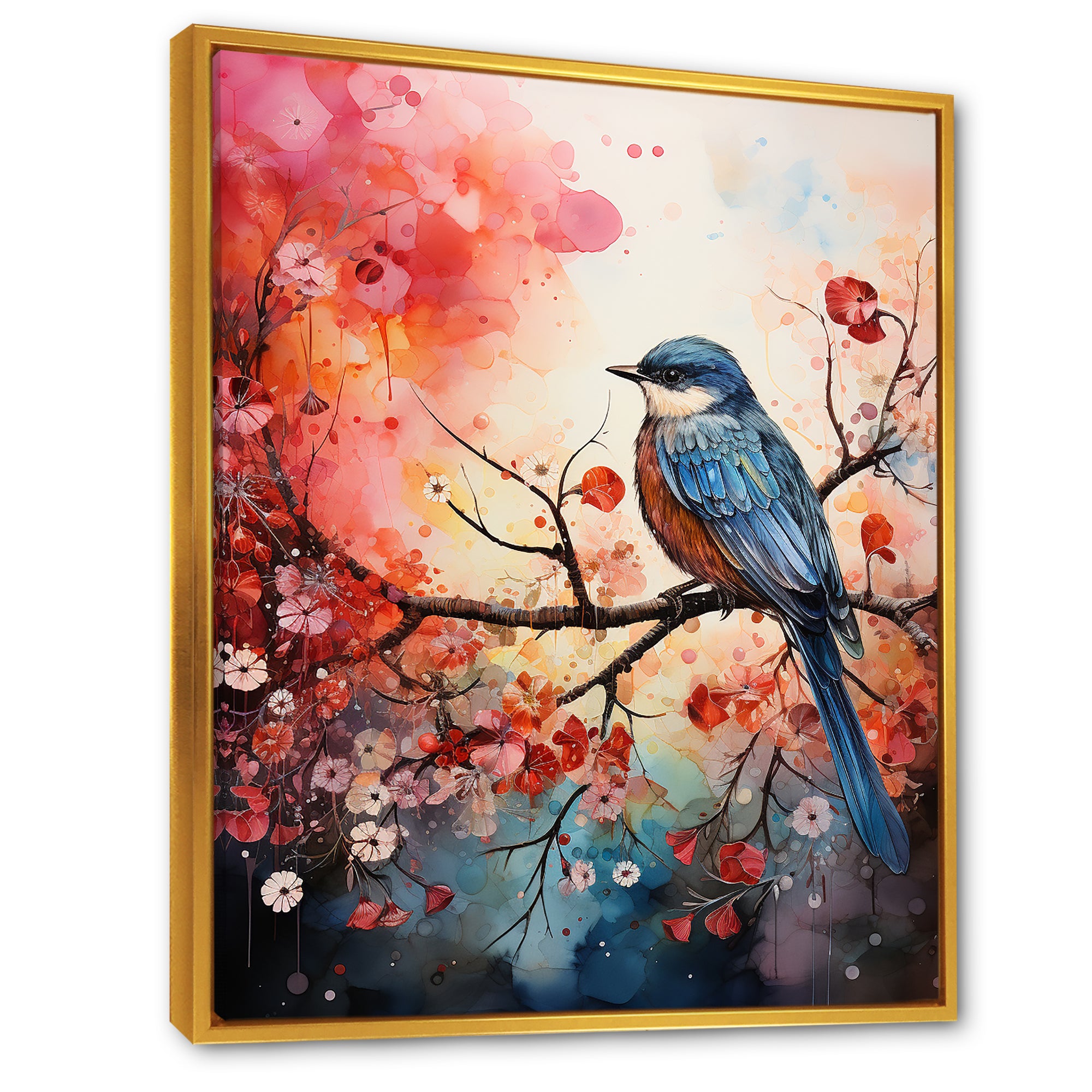 Pink Enchanted floral Botanicals with Eastern blue bird - Bird Floral Home Decor Art