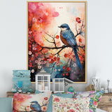 Pink Enchanted floral Botanicals with Eastern blue bird - Bird Floral Home Decor Art