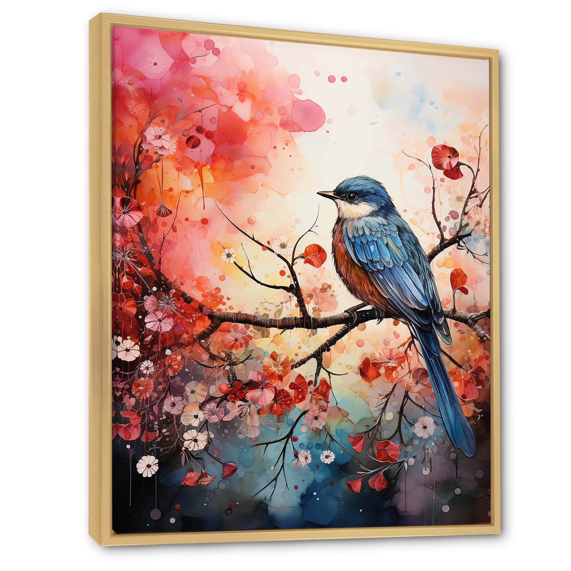 Pink Enchanted floral Botanicals with Eastern blue bird - Bird Floral Home Decor Art