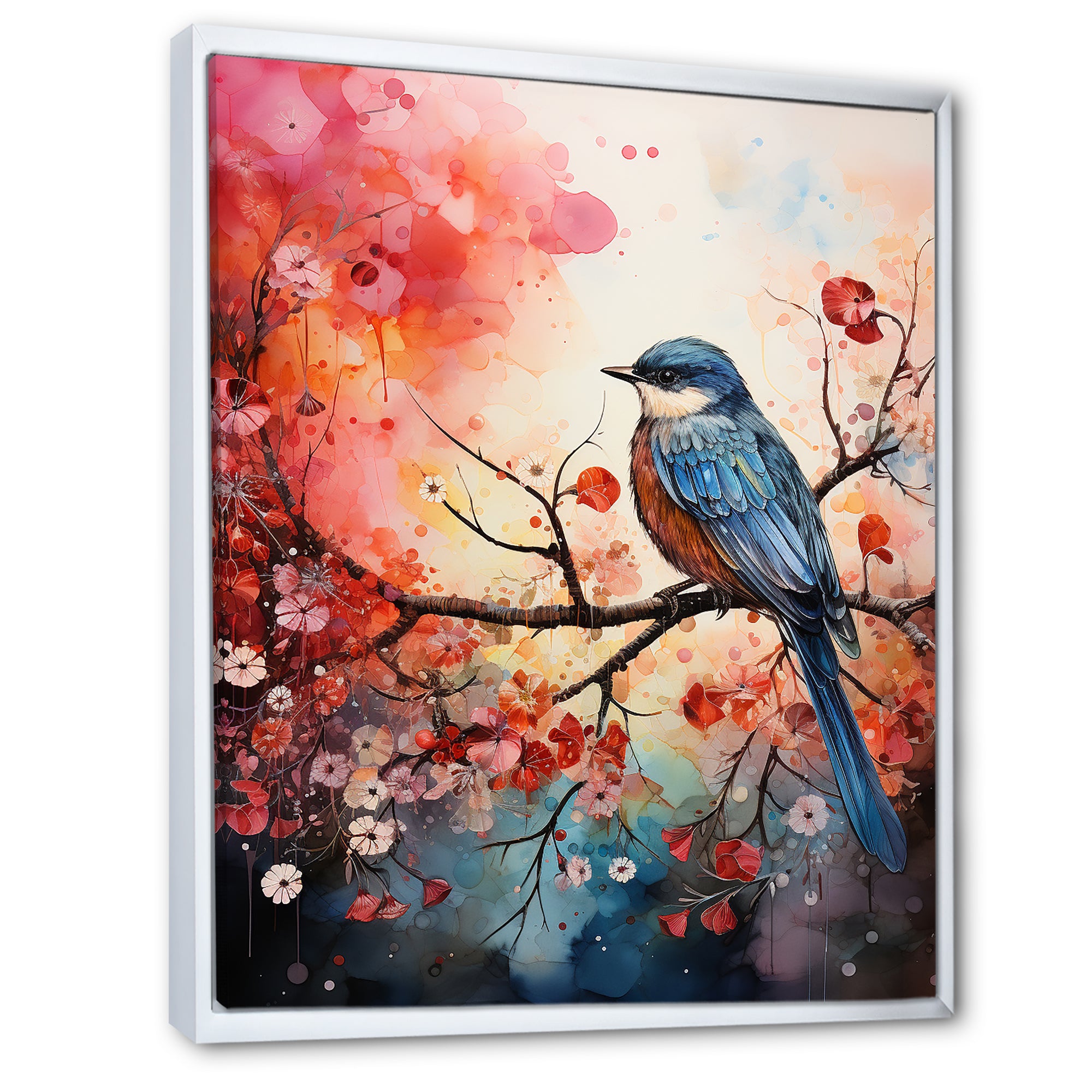 Pink Enchanted floral Botanicals with Eastern blue bird - Bird Floral Home Decor Art