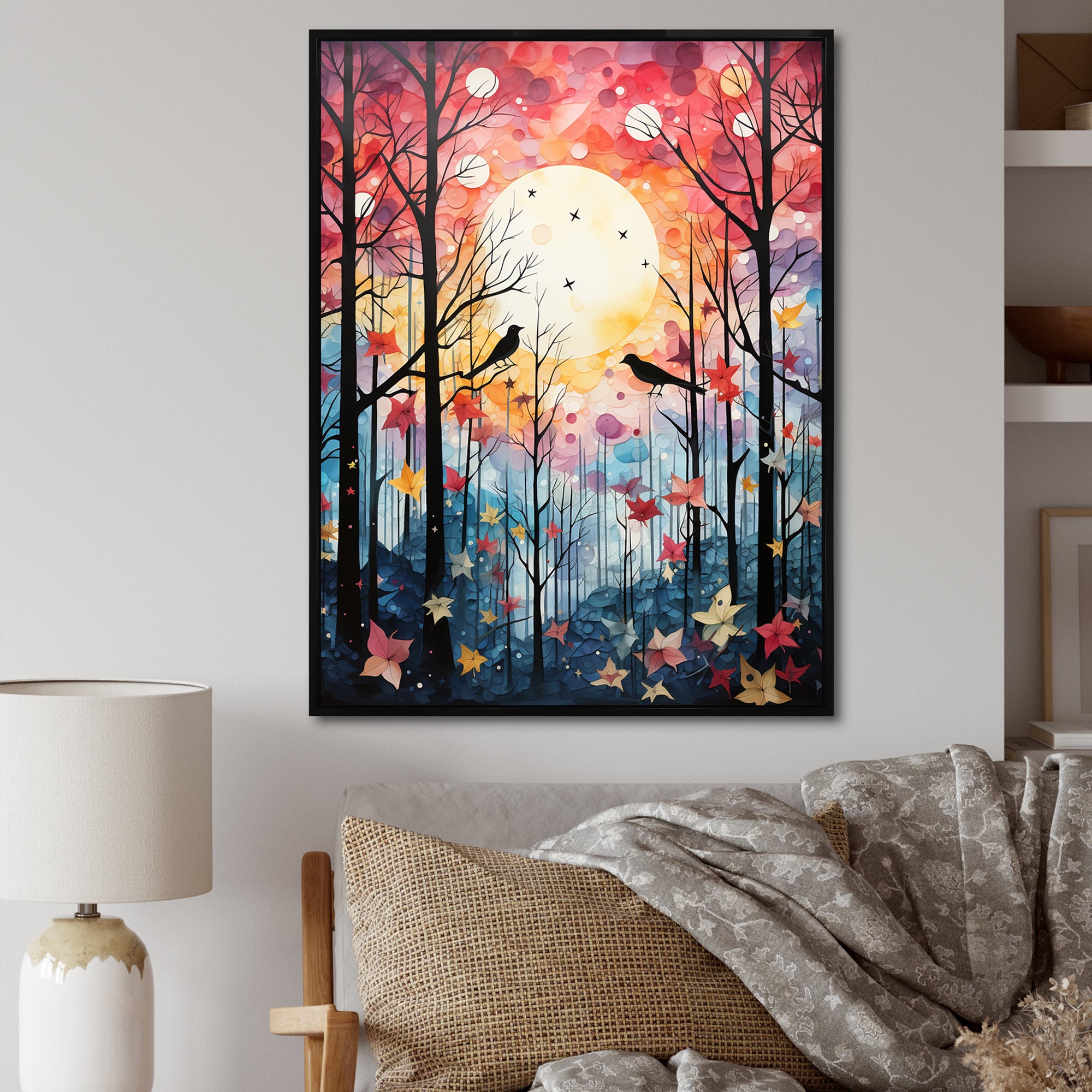 Pink Enchanted floral Botanicals with Eastern bluebird - Bird Floral Living Room Wall Art