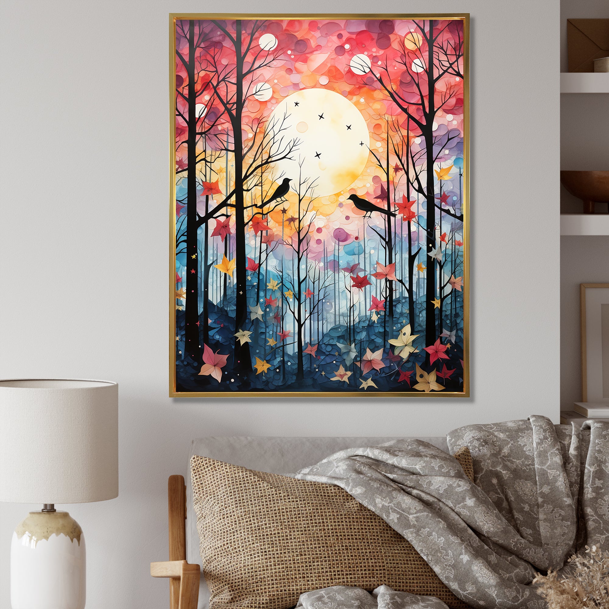 Pink Enchanted floral Botanicals with Eastern bluebird - Bird Floral Living Room Wall Art