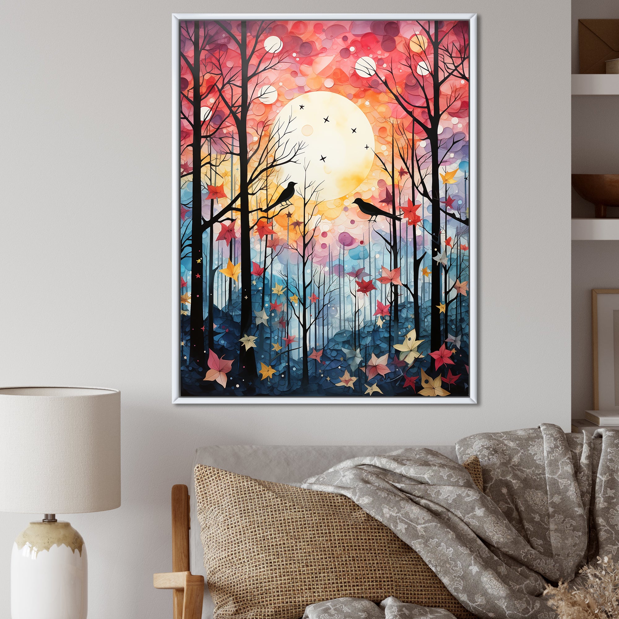 Pink Enchanted floral Botanicals with Eastern bluebird - Bird Floral Living Room Wall Art