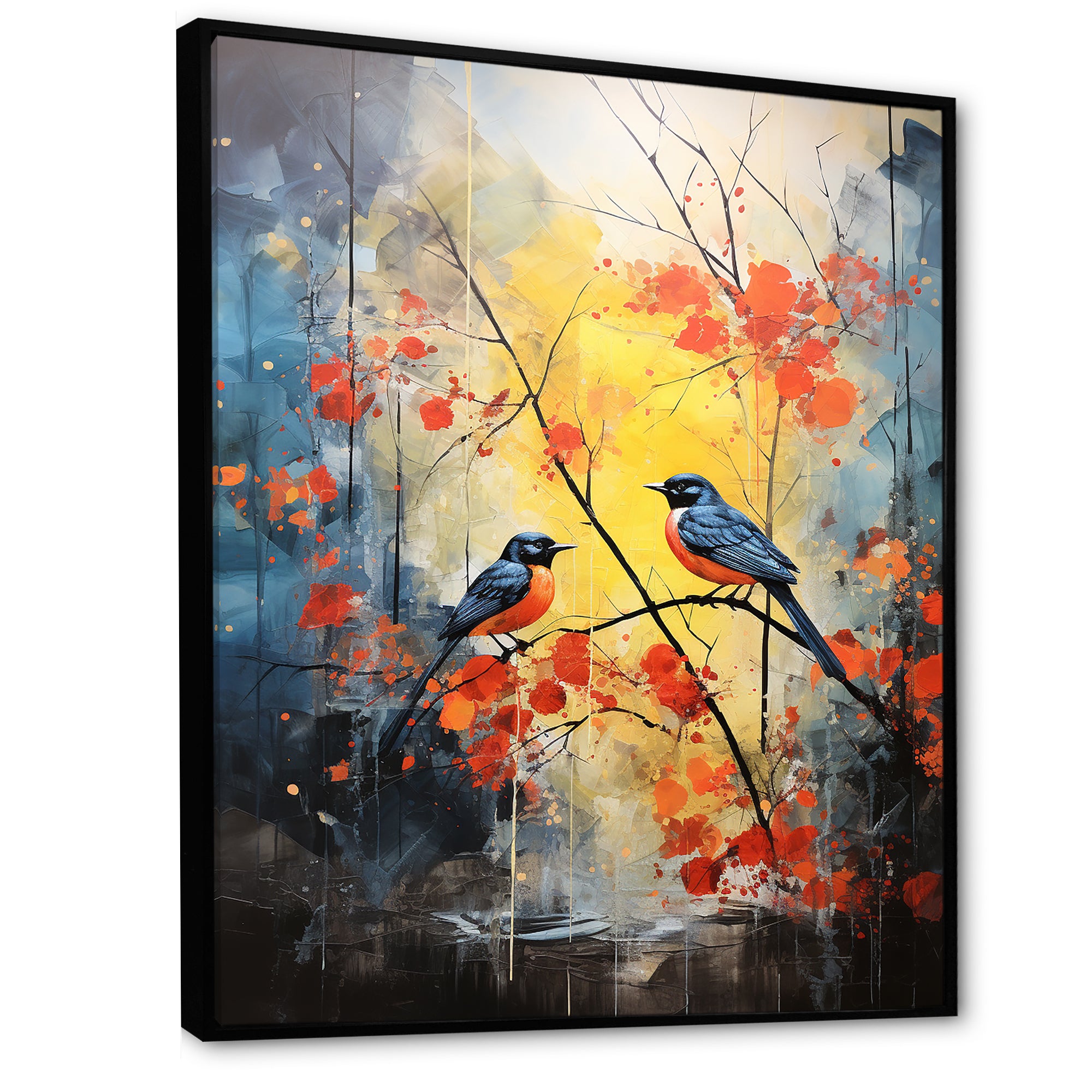 Blue and yellow forest with Eastern bluebird - Bird Floral Bedroom Wall Art