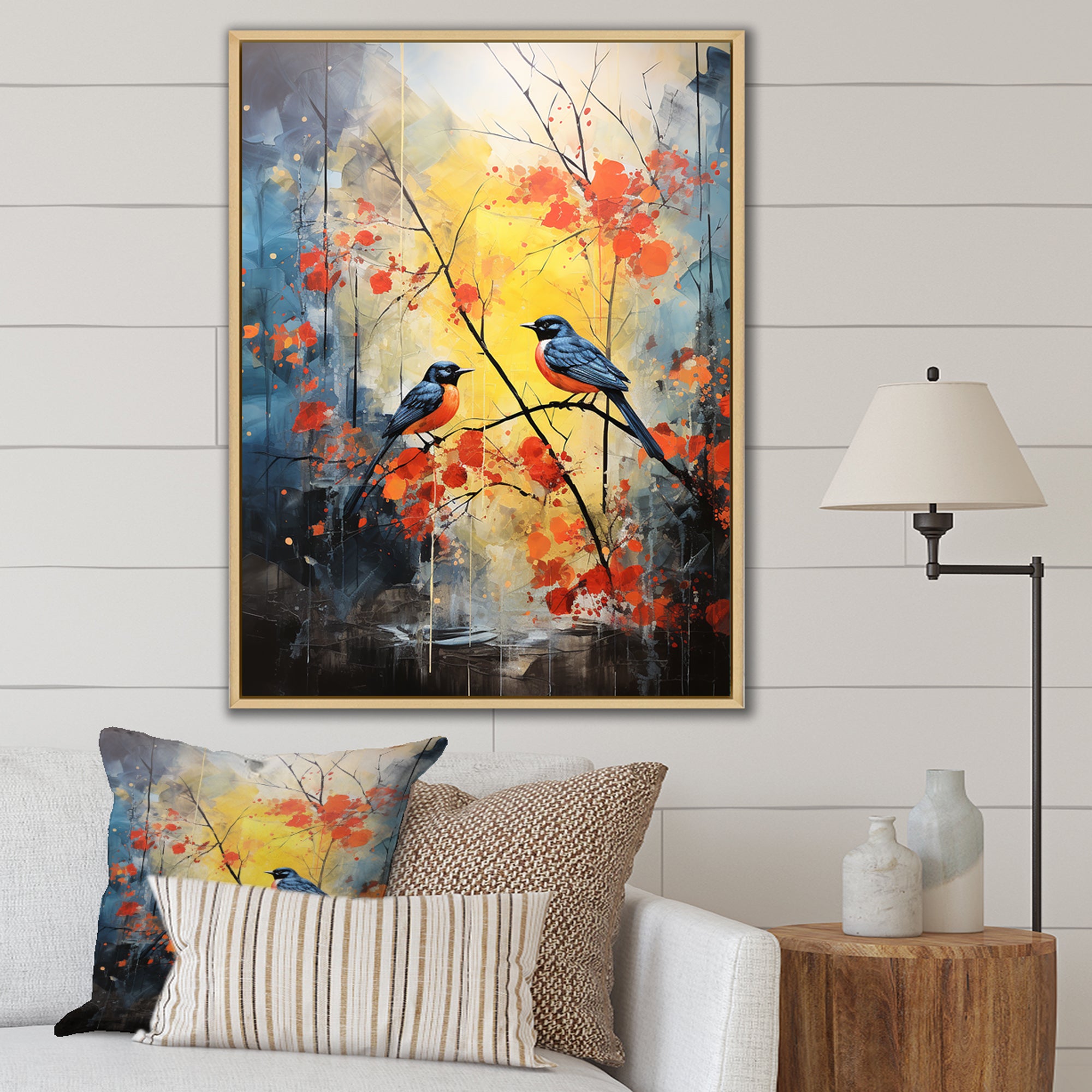 Blue and yellow forest with Eastern bluebird - Bird Floral Bedroom Wall Art
