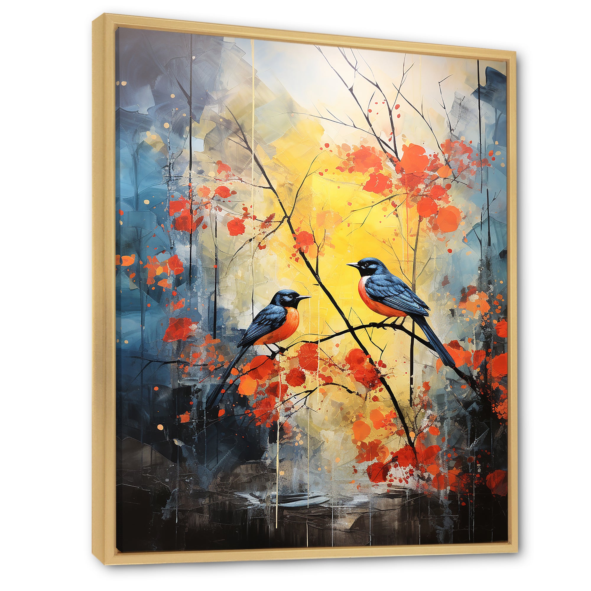 Blue and yellow forest with Eastern bluebird - Bird Floral Bedroom Wall Art