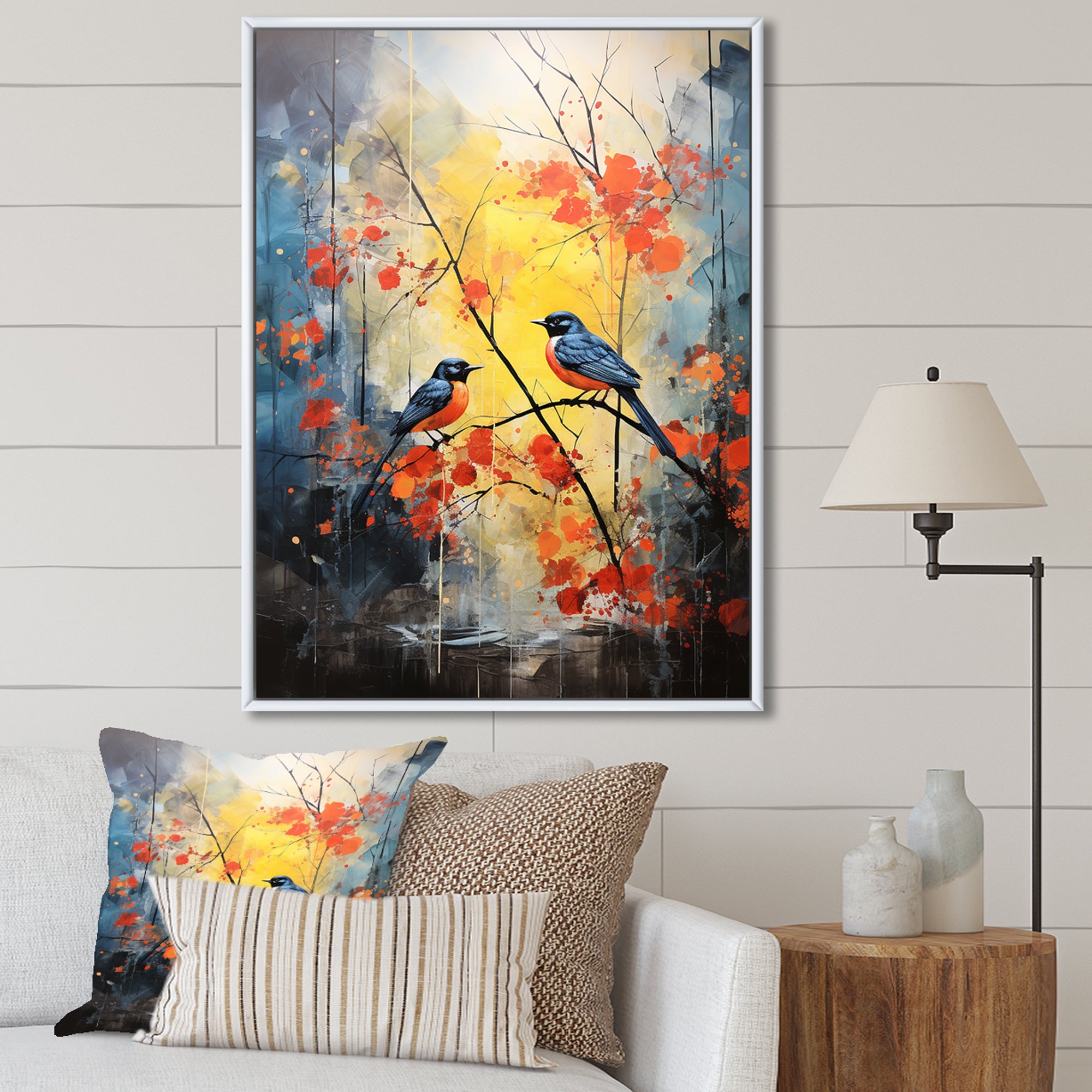 Blue and yellow forest with Eastern bluebird - Bird Floral Bedroom Wall Art