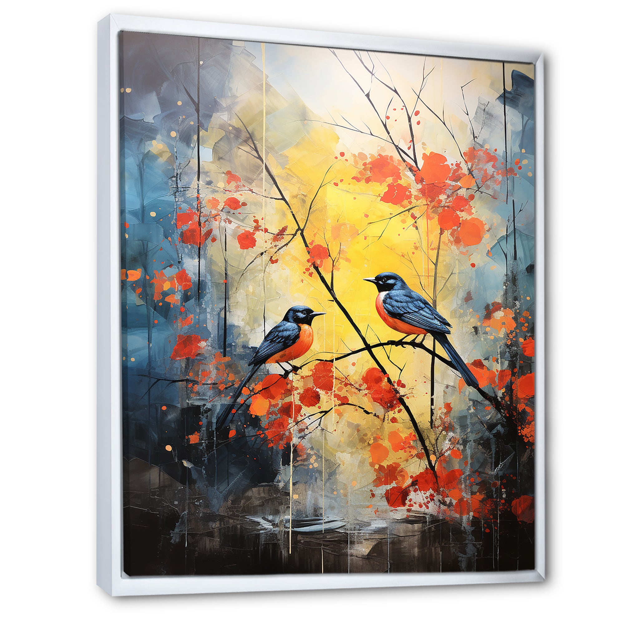 Blue and yellow forest with Eastern bluebird - Bird Floral Bedroom Wall Art