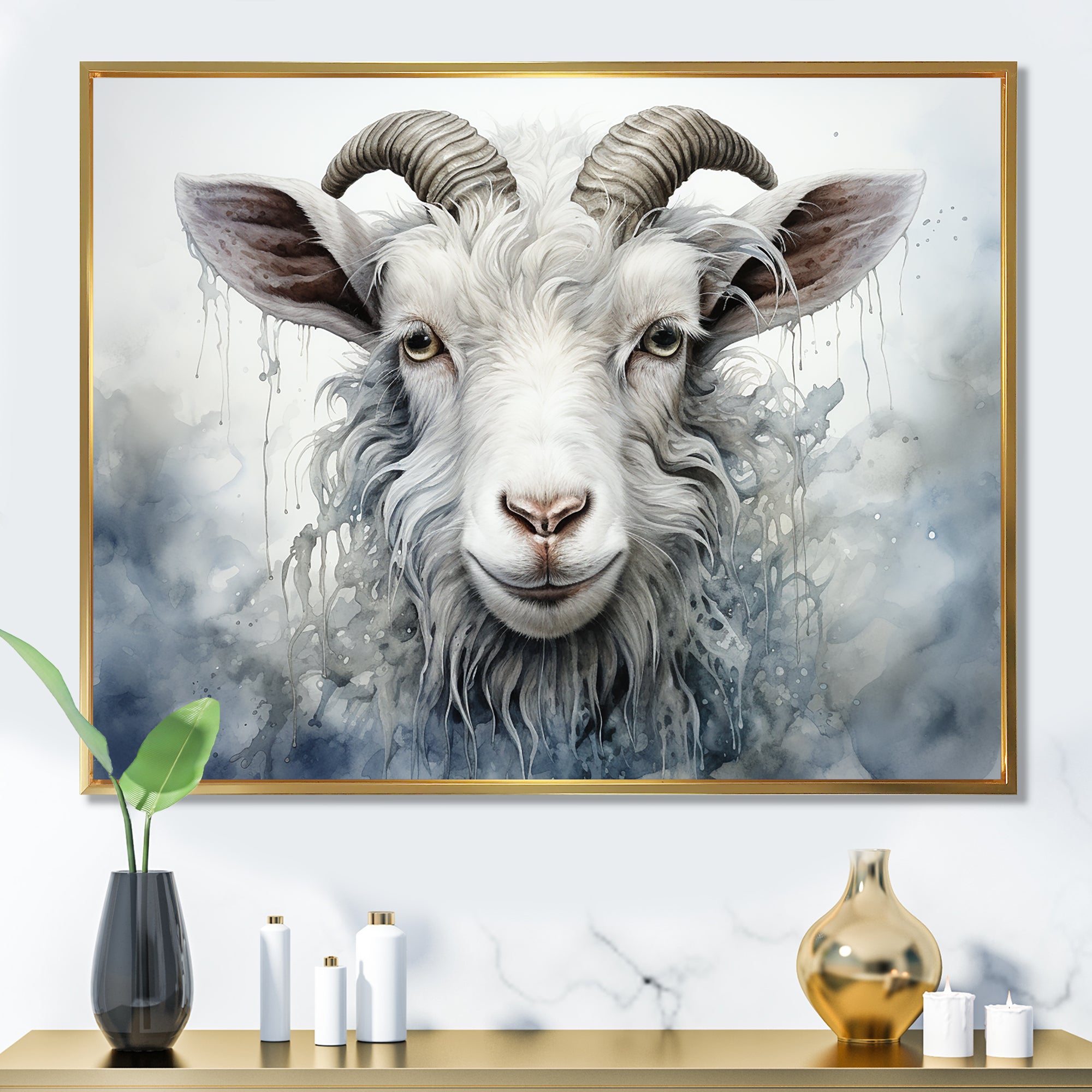 White Grazing Goat portrait - Goat Wall Art Prints
