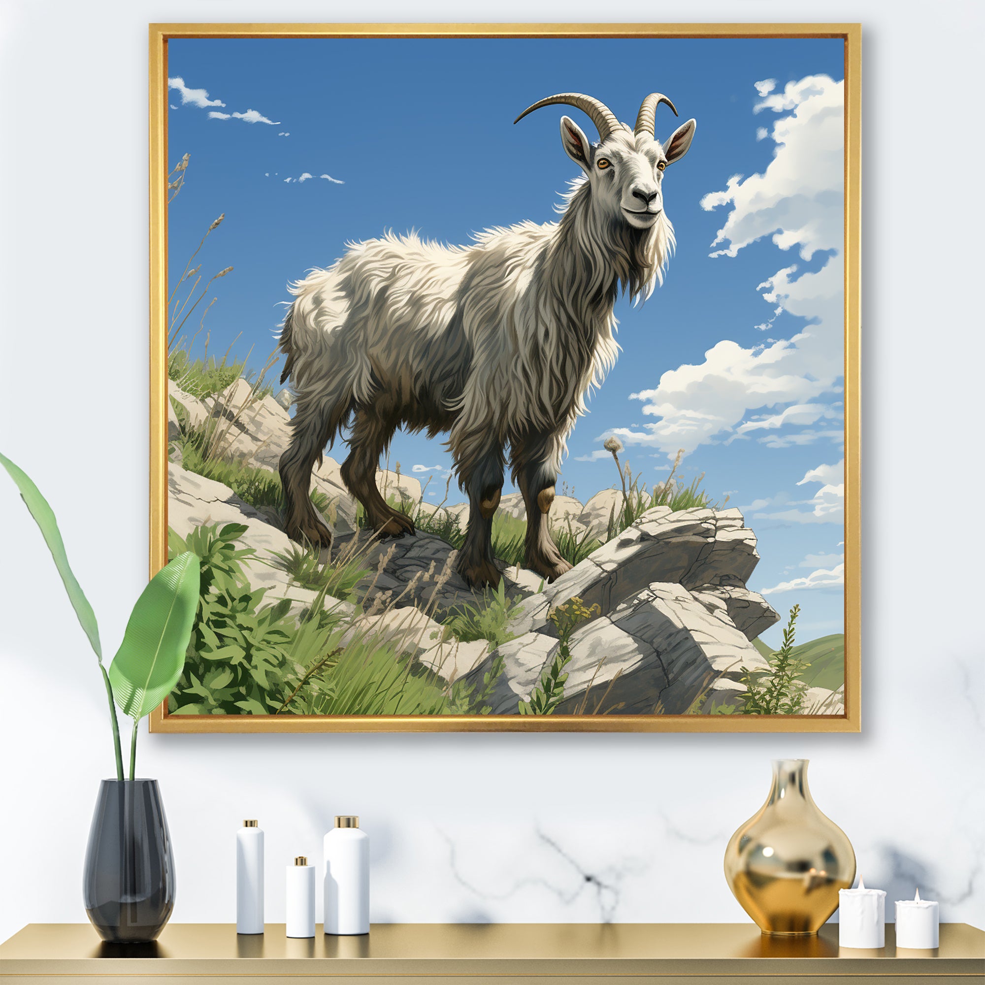 Mountain goat portrait adventure - Goat Framed Canvas Art