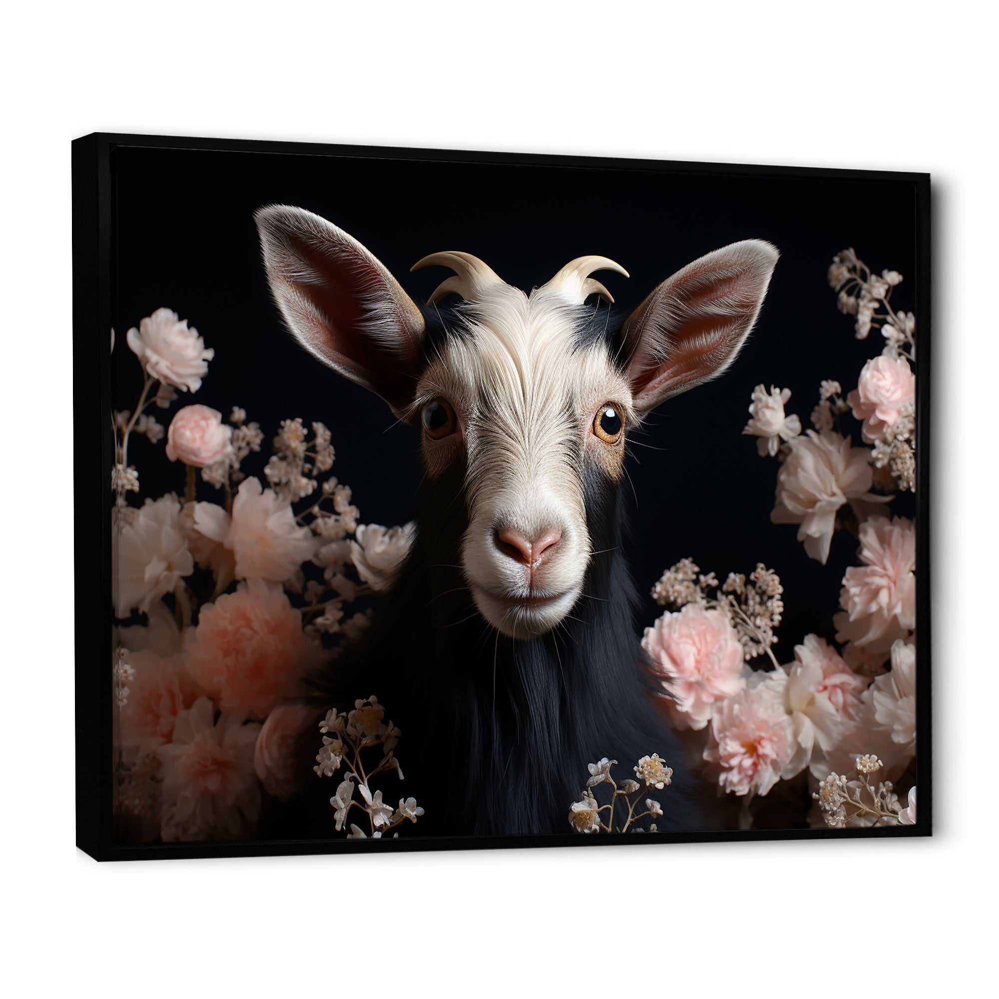 White and pink floral goat portrait - Goat Wall Art Prints